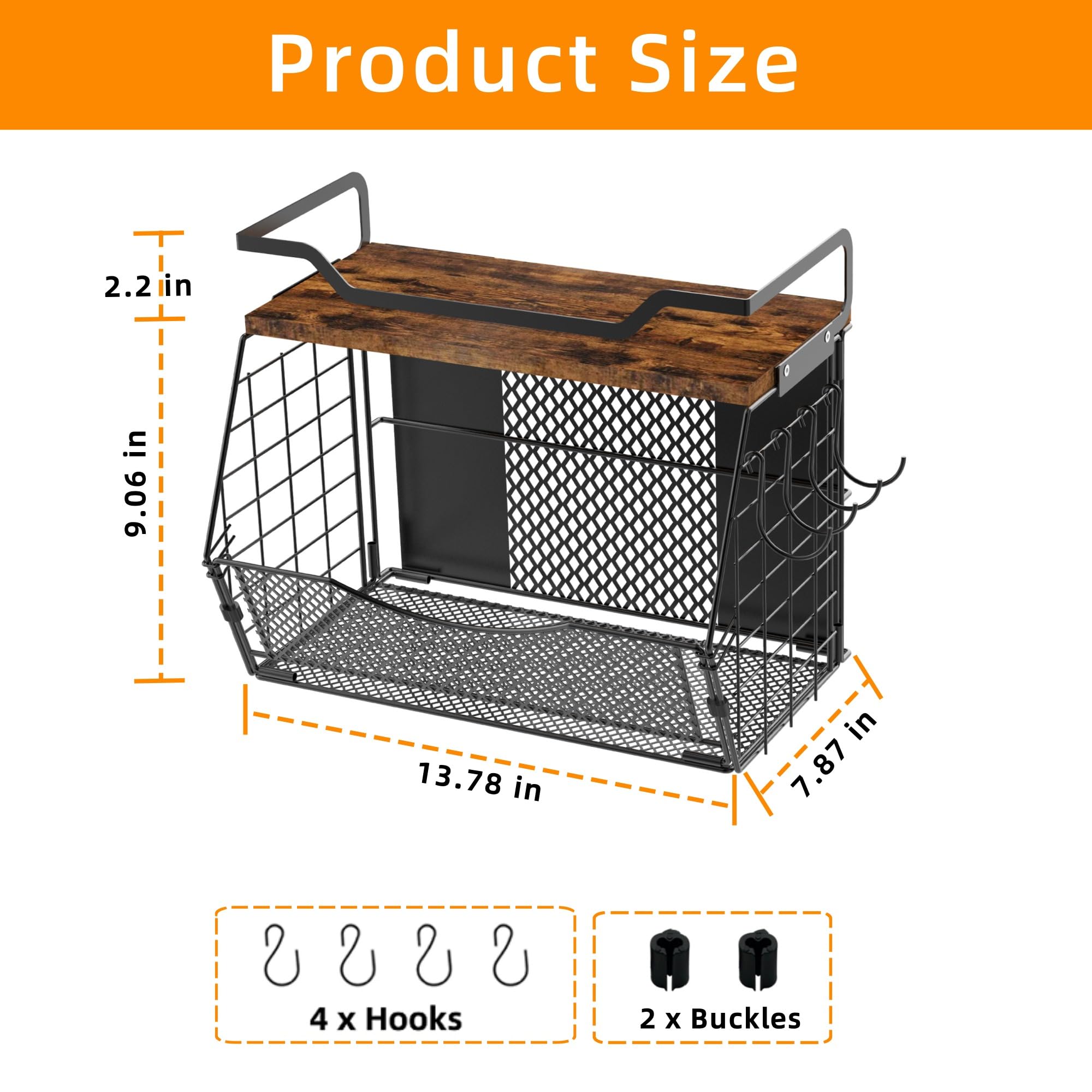 HISKIWUU Magnetic Shelf for Fridge with Wood Lid, Magnetic Spice Rack for Refrigerator Large Capacity Sturdy with 4 Hooks,Magnetic Basket for Kitchen Pantry Laundry (1 Set with Buckles)