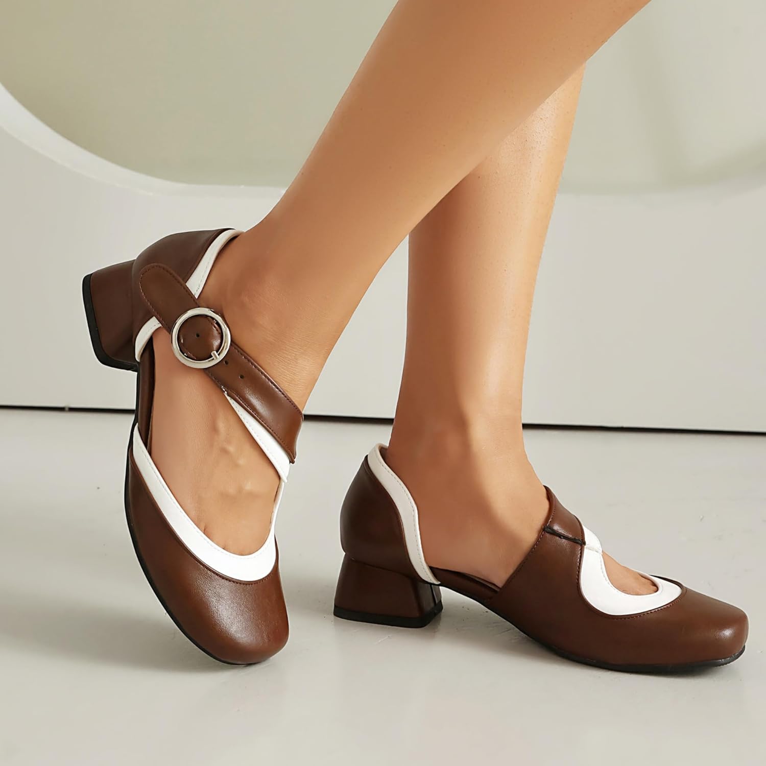 Elerhythm Women's Mary Jane Two Tone Ancke Strap Buckle Closed Round Toe Pumps Chunky Block Low Heels Sandals Shoes - Image 2