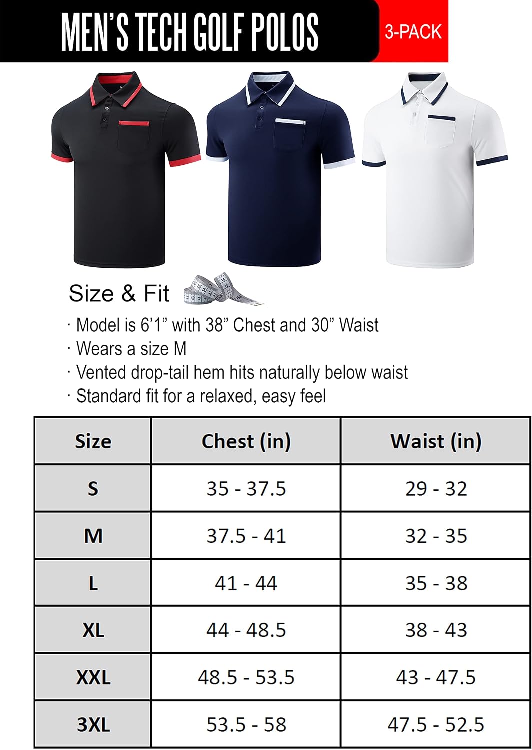 3-Pack Men's Performance Dry Fit Tech Golf Polo Shirts with Chest Pocket, Short Sleeve Active T Shirts