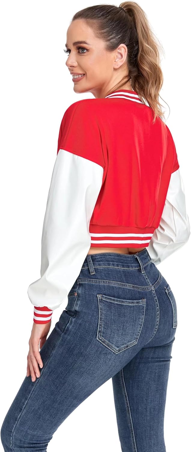 ACEFAST INC Womens Crop Varsity Jacket Letterman Baseball Jacket Bomber Vintage Y2k Streetwear Short Coat - Image 4