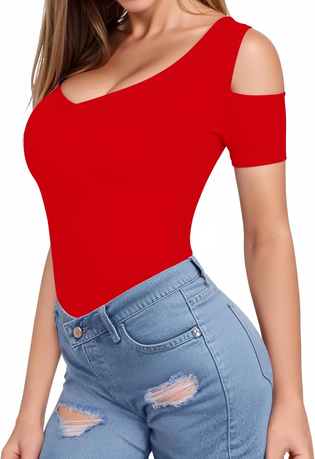 HERLOLLYCHIPS Women Tops Summer Deep V Neck Short Sleeve Cold Shoulder Slim Fit Casual Sexy Tees T-Shirts - Image 2