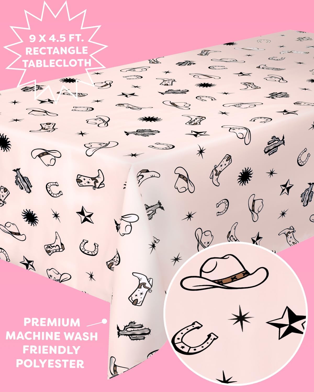 xo, Fetti Western Reusable Tablecloth | 9' x 4.5' | Rodeo Bachelorette Tablescape, Ranch Birthday Party Decoration, Cowgirl Table Decor, Cowboy Kids Party Supplies