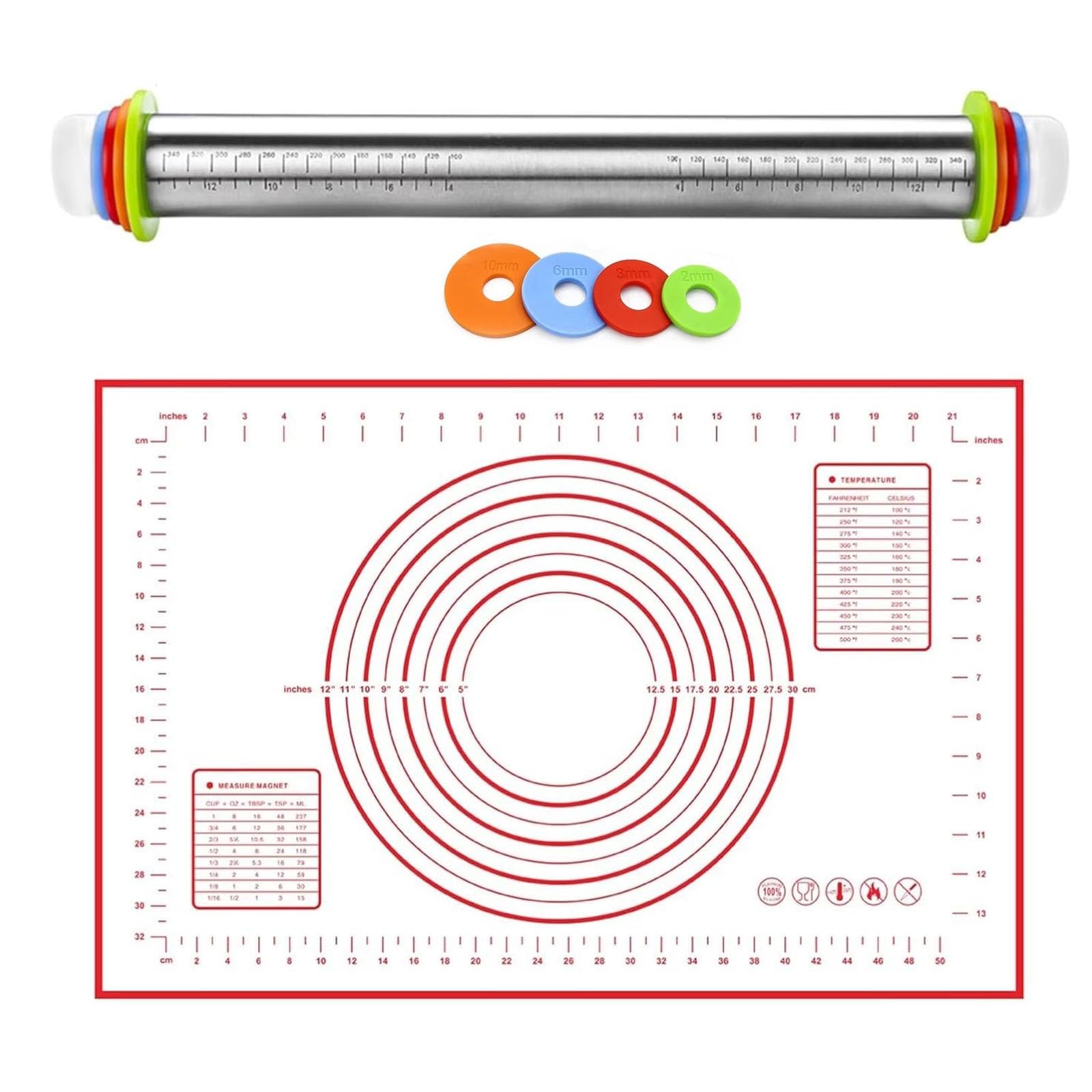 Rodillo de amasar cocina Juego de rodillo y alfombrilla de silicona para repostería, rodillo de masa de acero inoxidable con anillos de espesor ajustable, rodillo para pizza, pasteles, galletas