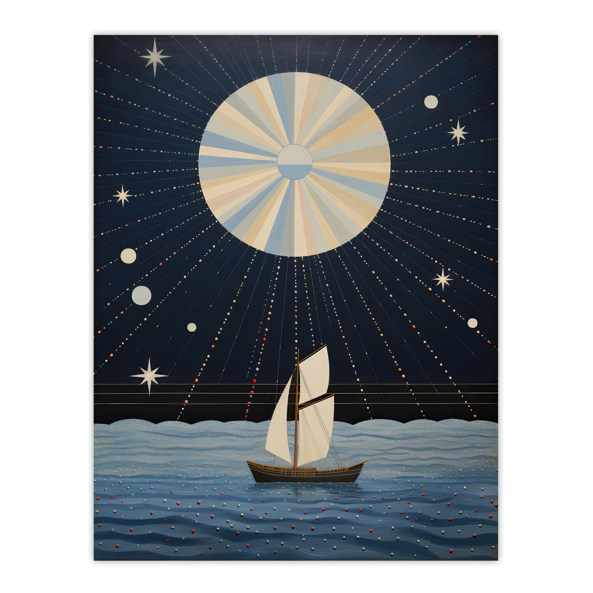 Wee Blue Coo Sailing Into The Moonlight Boat in Full Moon Seascape Blue Tan Oil Painting Large Wall Art Poster Print Thick Paper 18X24 Inch