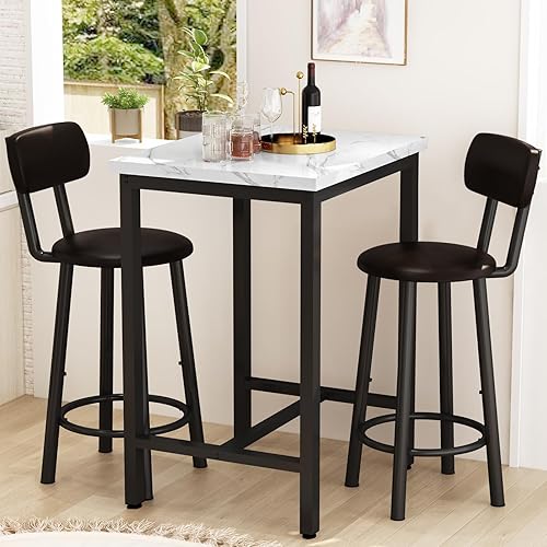 Juego de mesa de comedor, mesa cuadrada de mármol sintético de 23.6 pulgadas con 2 sillas de respaldo tapizadas de poliuretano, juego de cocina y