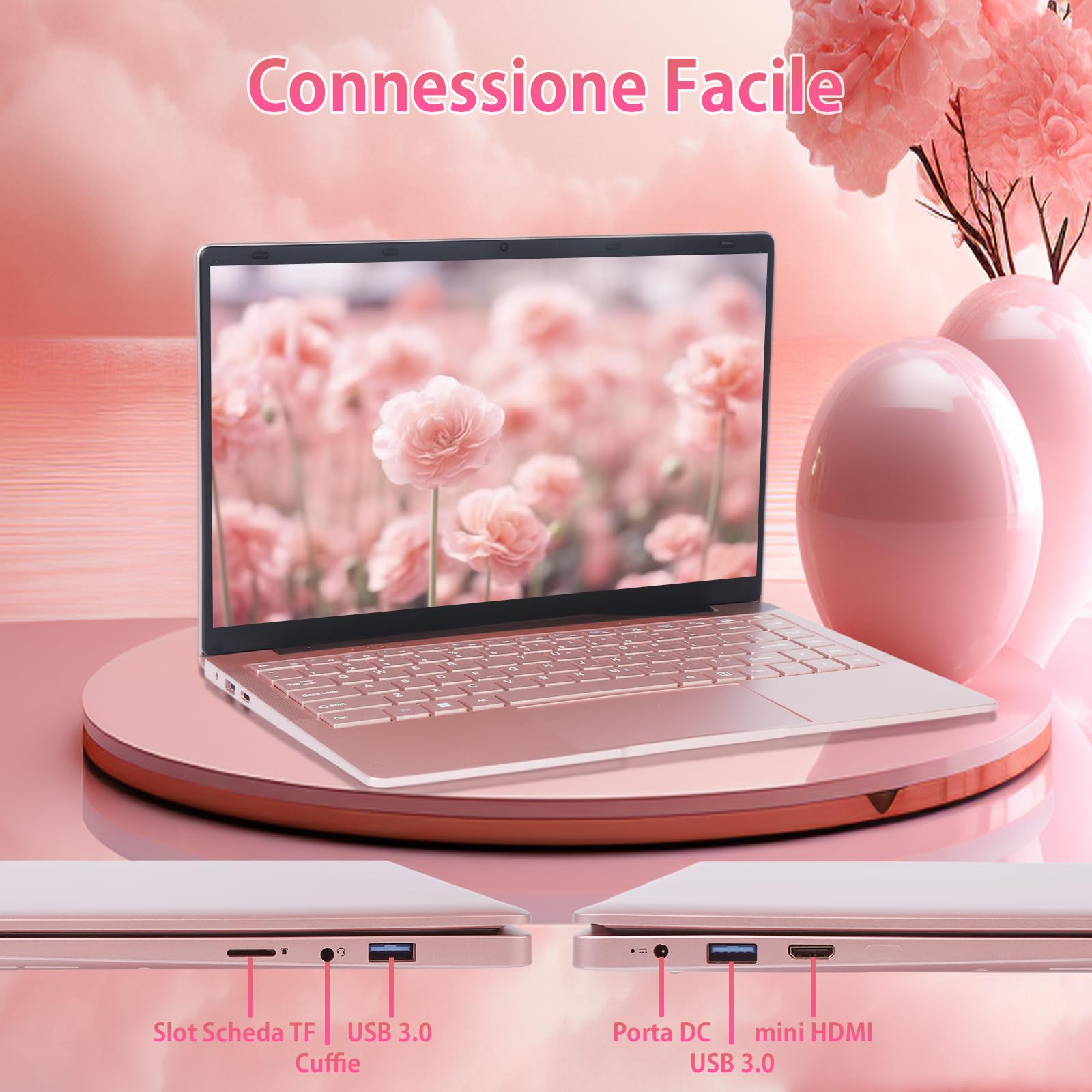 PC Portatile 14 Pollici, Notebook Full HD 1920x1080, Celeron J4105, Win11 pro, Computer Portatile Leggero e Sottile, Tastiera Italiana, Mini HDMI, Mouse Wireless (Oro rosa, 6GB+256GB SSD)
