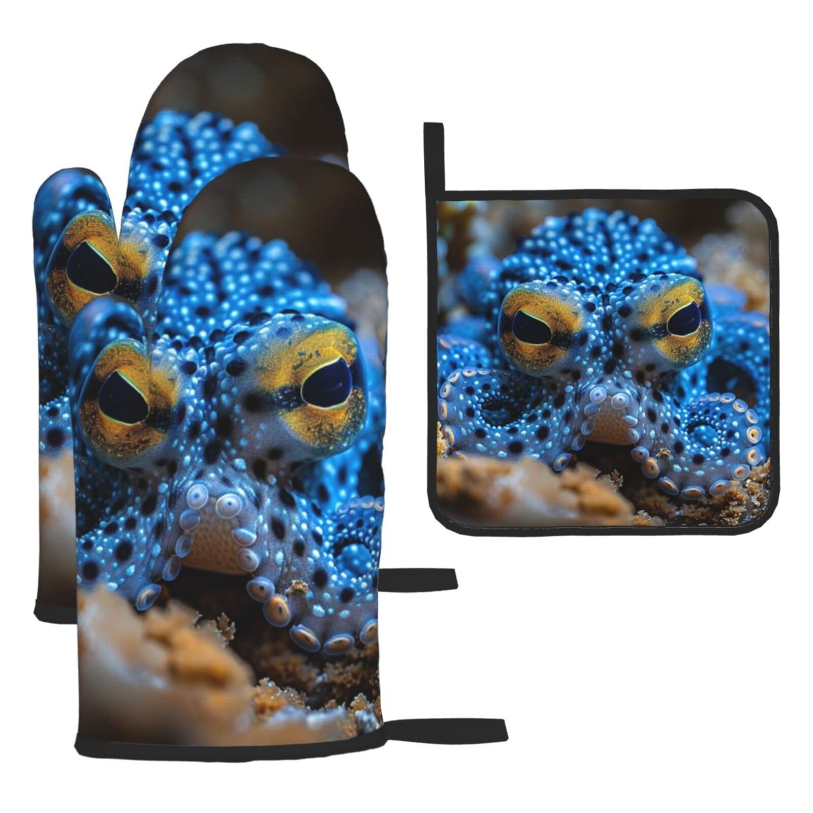 Oven Mitts and Pot Holders Set of 3 Heat Resistant Non-Slip Kitchen Gloves Hot Pads Blue Ring Octopus Mittens Gloves Non-Slip Potholders for Cooking Baking Grilling BBQ