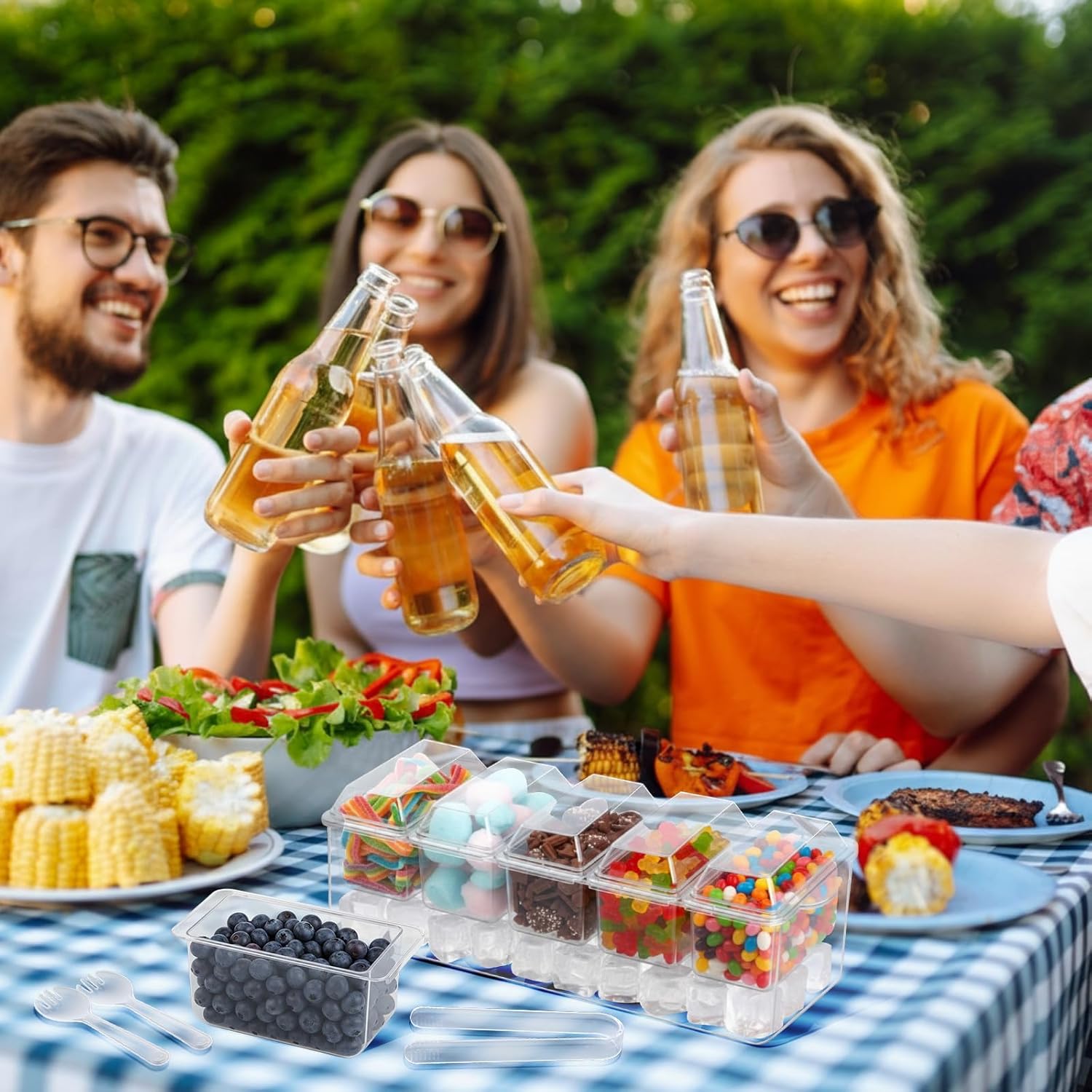 LemonRoad 4 Set Ice Chilled Condiment Caddy Garnish Tray Each Set Includes 5 Small Containers 5 Spoons and 2 Clips 16.14 x 6.10 x 5.59 Inch Detachable Container with Lids for Fruit Salad Food