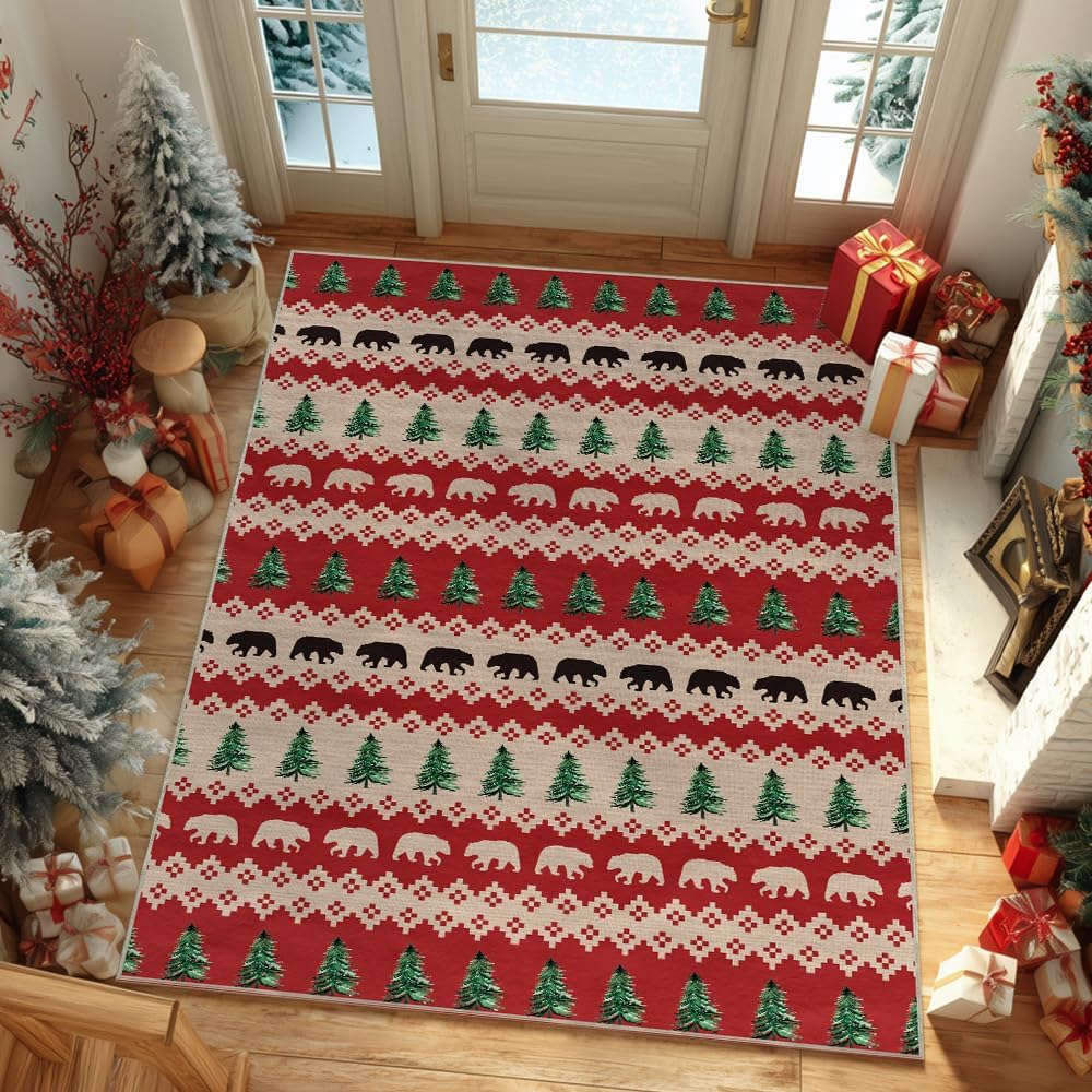 Artoid Mode Stripe Bear Tree Christmas Area Rug, Winter Home Decor Low-Profile Non-Slip Washable Large Rug for Living Room Bedroom Farmhouse Dining Room Kids Playroom 5x7 Feet