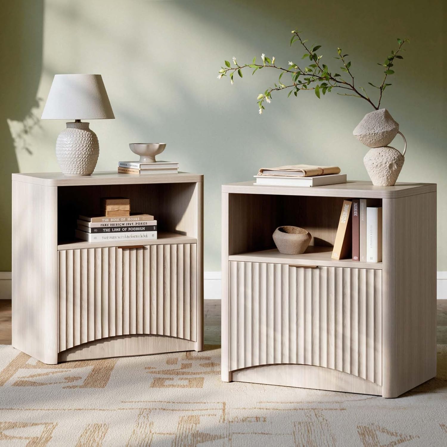 Evermagin Fluted Nightstand Set of 2, Bedside Table with Drawer and Storage, Wood End Table Mid Century Modern, Large Night Stand for Bedroom, White Alder