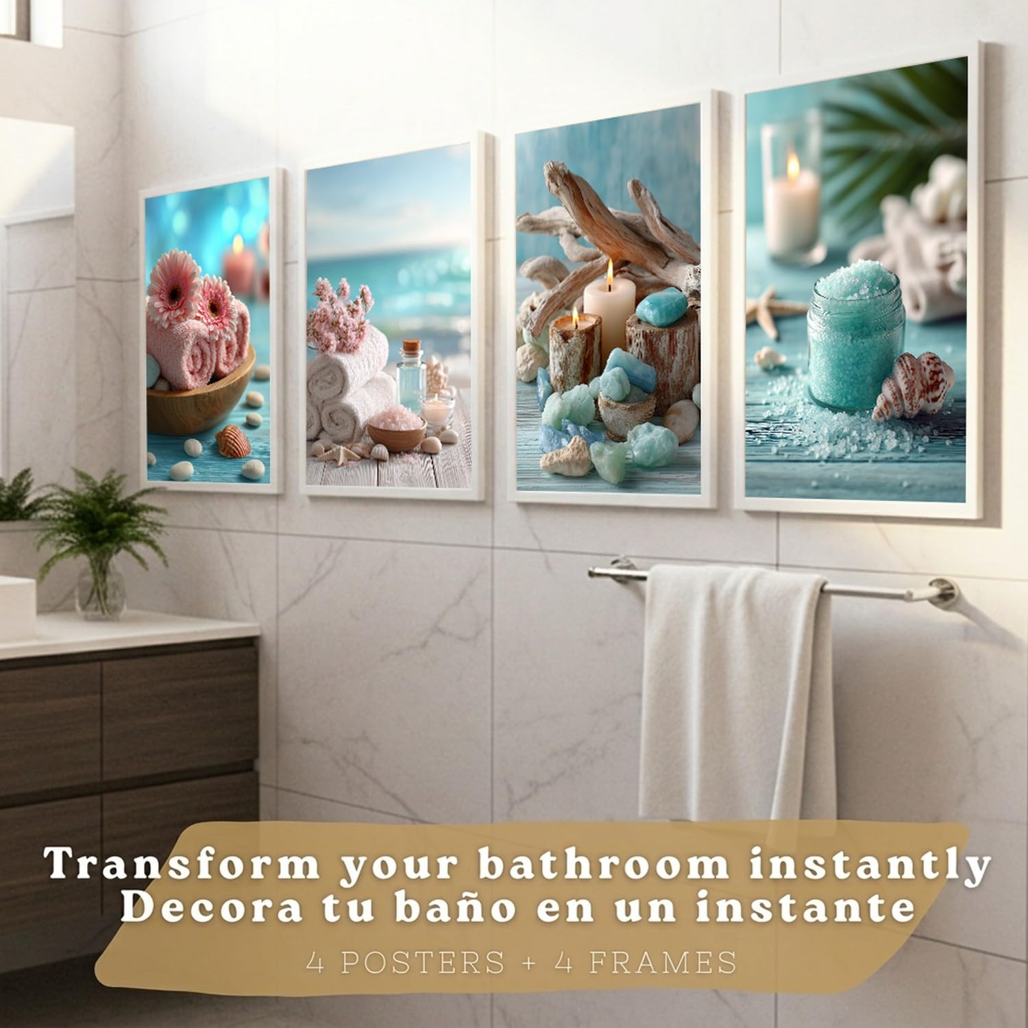 Nacnic Set De 4 Cuadros Baño Decoracion Poster Estilo Playa Spa Para Pared Lavabo Ducha Wc Y Aseo Con Conchas Velas Toallas Y Sales Marinas A4 Marco Blanco