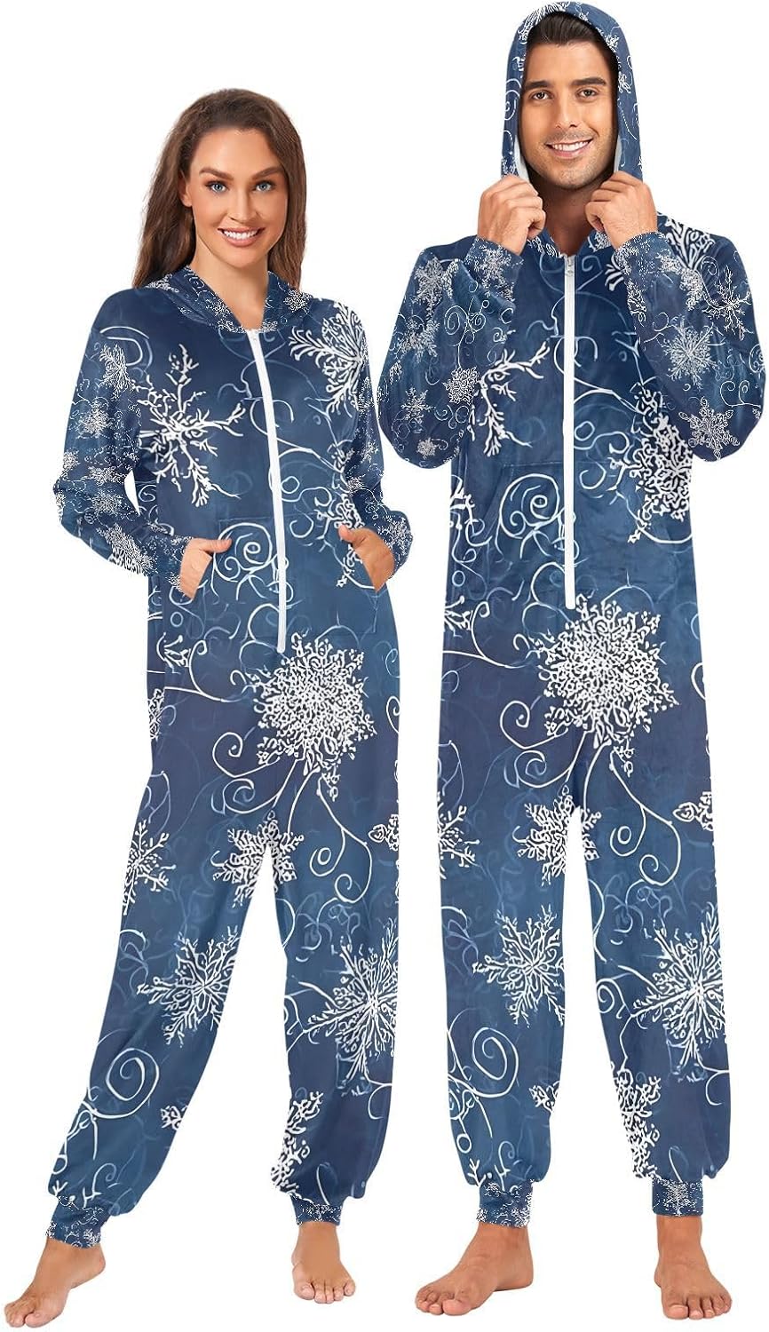 White Snowflakes Ice Blue K Adult Onesie Pajamas for Unisex Novelty One Piece Costume Sleepwear