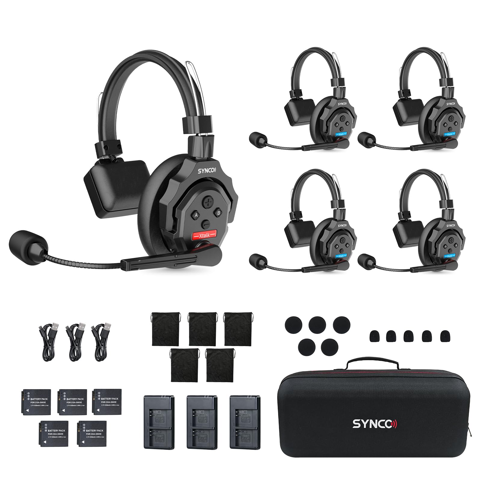 SYNCO Auriculares Intercomunicadores Inalámbricos, XTALK X5 2.4GHz Auriculares Inalámbricos Full Duplex con Comunicación de 24H 350M, Sistema de Intercomunicación con Monitoreo en Tiempo Real
