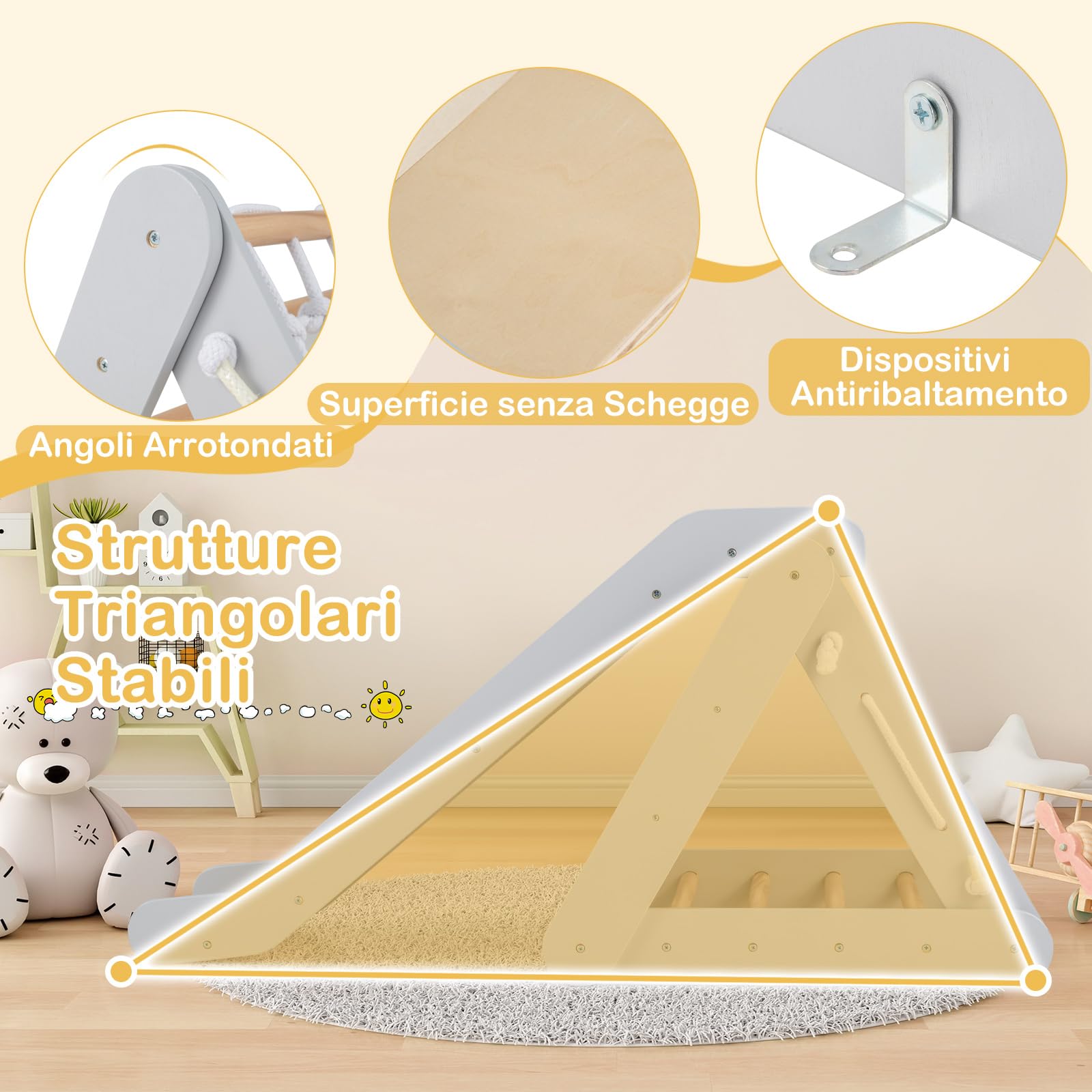 RELAX4LIFE 4 en 1 Trepa Triángulo de Madera con Rampa, Red de Escalada, Escalera y Tablero, Escalada Triángulo Infantil con Tobogán para Sala de Estar, Habitación de Niños, Guardería (Gris)