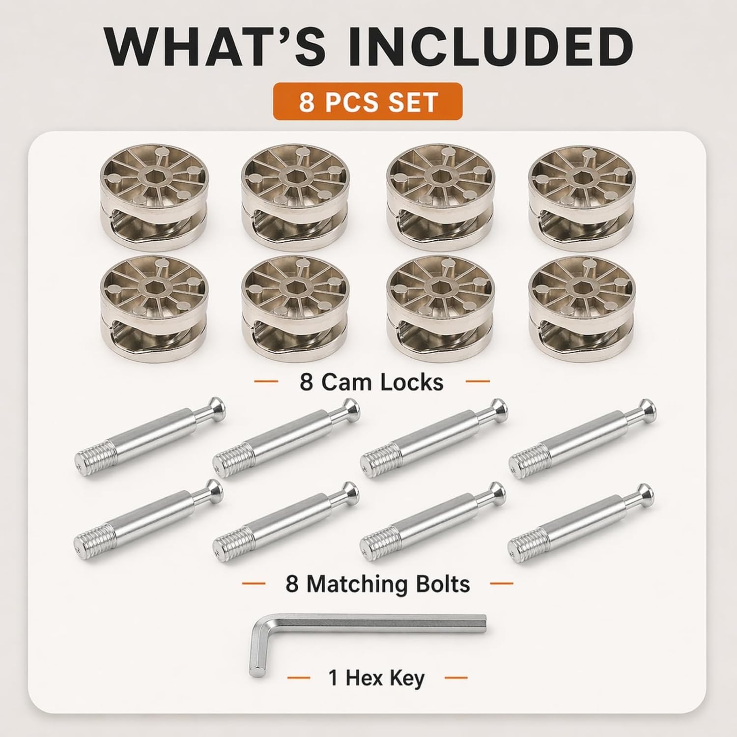 35mm Spiral Cam Lock Set M8 x 61mm Bolt, 8 Pack with Allen Key, for Bed Frame Wardrobe Cabinet Repair