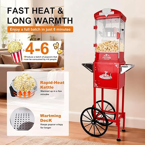 Miniatura 2 de Máquina de palomitas de maíz de 10 onzas con carrito, ruedas y hervidor de acero inoxidable, 110 V/480 W, estilo vintage, máquina para hacer Rojo
