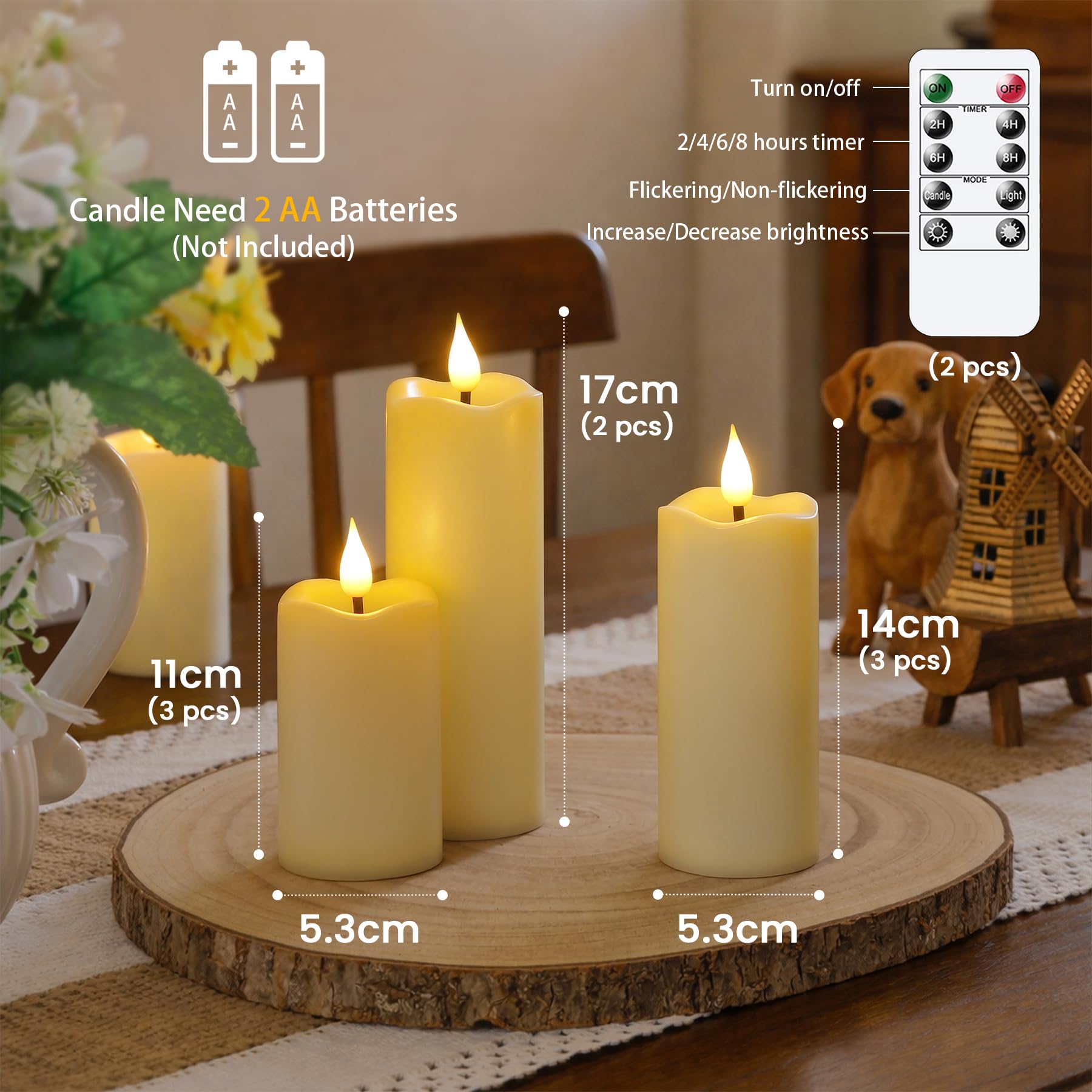 Yeelida Candele LED avorio tremolanti a batteria,Confezione da 8 candele a colonna in plastica senza fiamma con 2 telecomandi e Temporizzazione (5.3cm x 11, 14, 17cm)