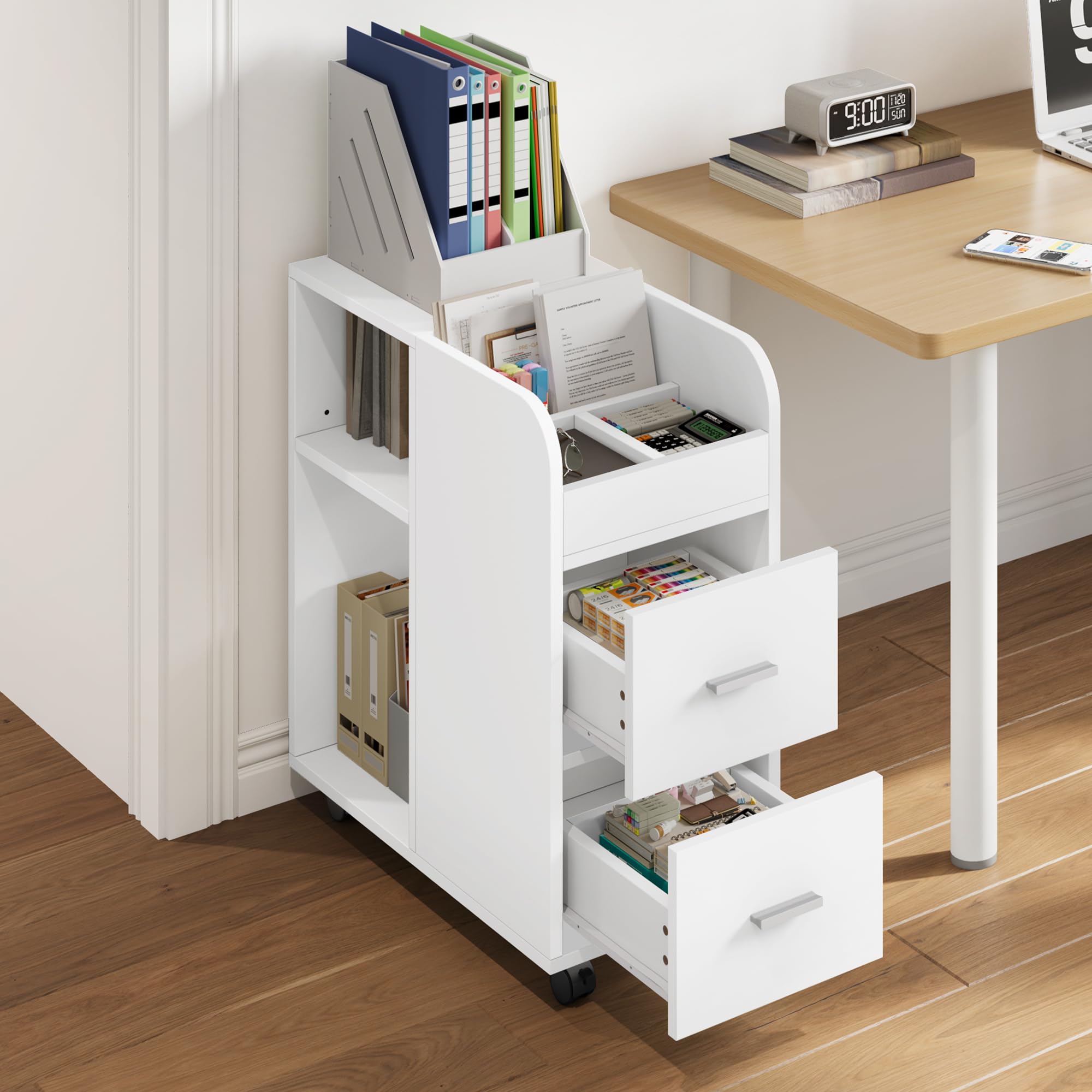 YITAHOME Rollcontainer mit 2 Schubladen, Aktenschrank mit verstellbarem Regal und Ablagefächern, Multifunktionaler Büroschrank Beistelltisch für Wohnzimmer, Schlafzimmer, Büro, Weiß