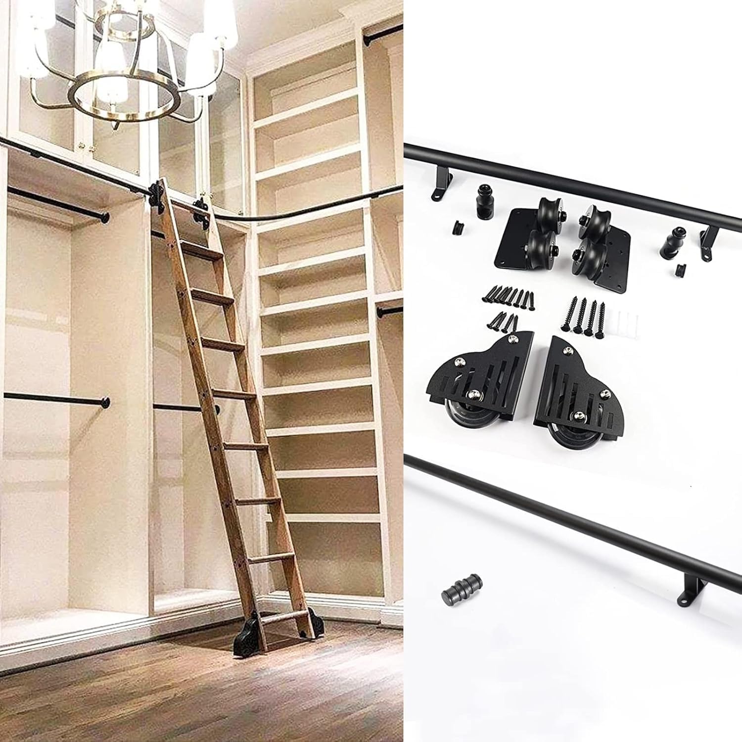 with Floor Roller Wheels (No Ladder) Retractable Rolling Ladder Hardware Library,3.3ft-20ft Round Tube Mobile Ladder Track, 1M Rail +Extension Accessories(16ft/500cm Track kit)