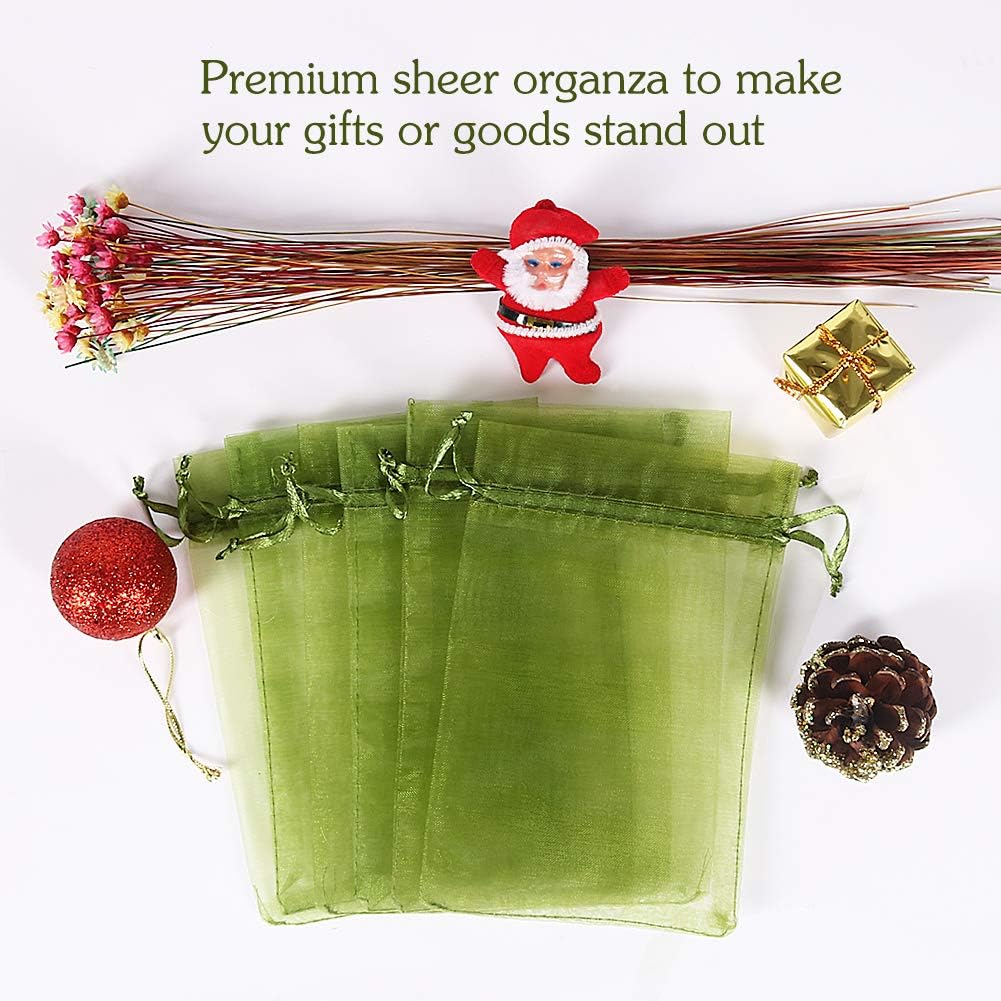HRX Package 100pcs Organza Drawstring Bags Olive Green, 4 x 6 inch Candy Mesh Gift Bags Jewelry Pouches Small Christmas Sachet