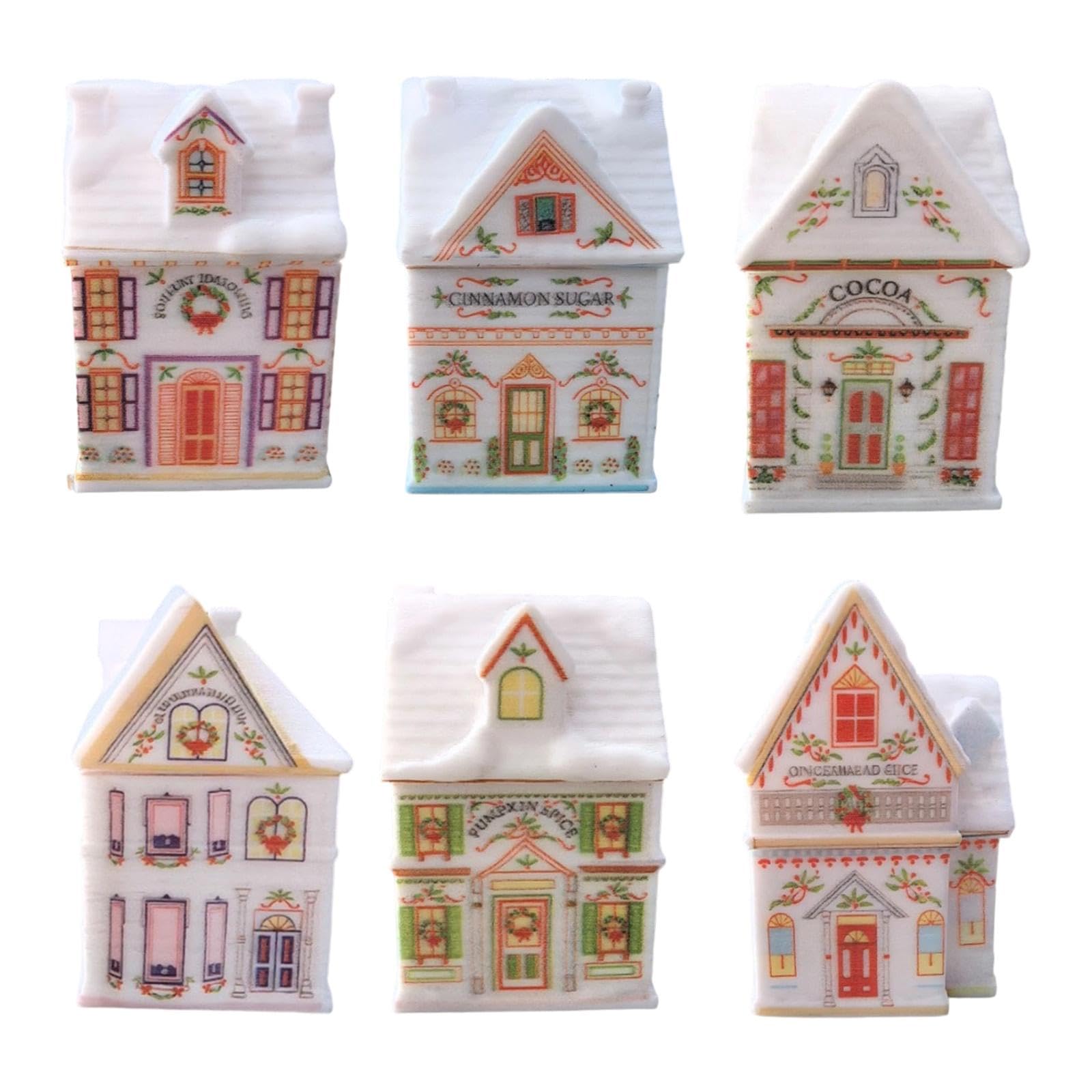 F Fityle 6Pcs Christmas Village Spice Houses,Spice Jars Centerpiece Countertop Empty Bottles Miniature Resin Ornaments for Holiday