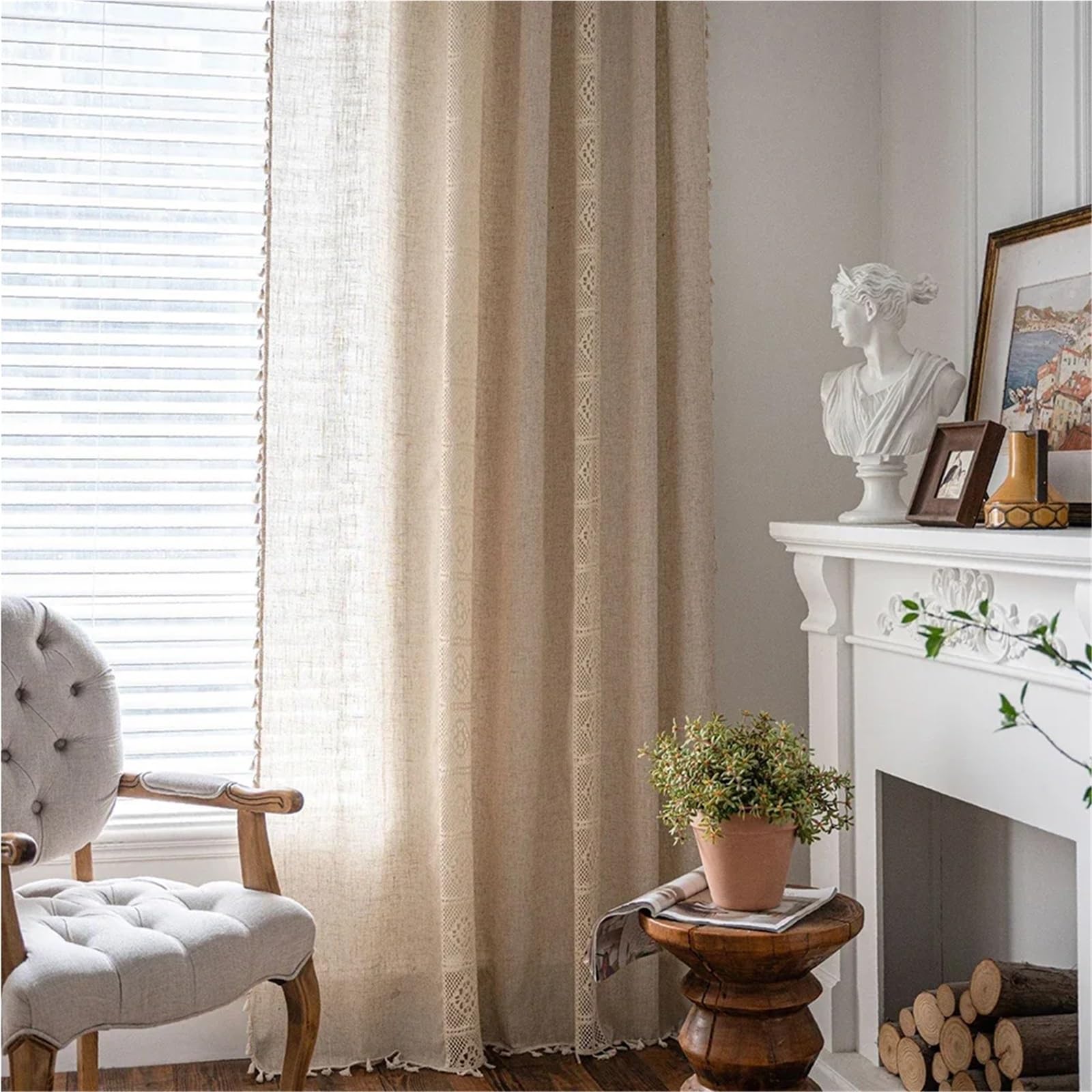 Leinenmischung Jute Spitzenvorhänge Quaste for Küche Schlafzimmer Wohnzimmer Fenster Schrank Vorhang(A,Rod Pocket_W150XH140CM)
