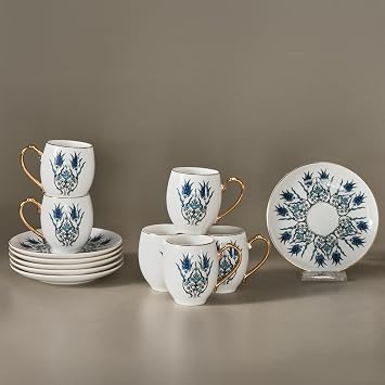 KARACA Iznik Turkish Coffee Cup Set of 6 - 12 Piece Cups with Saucers - 3 fl oz Small Porcelain Espresso Set - Ideal for Serving Greek, Arabic Coffee