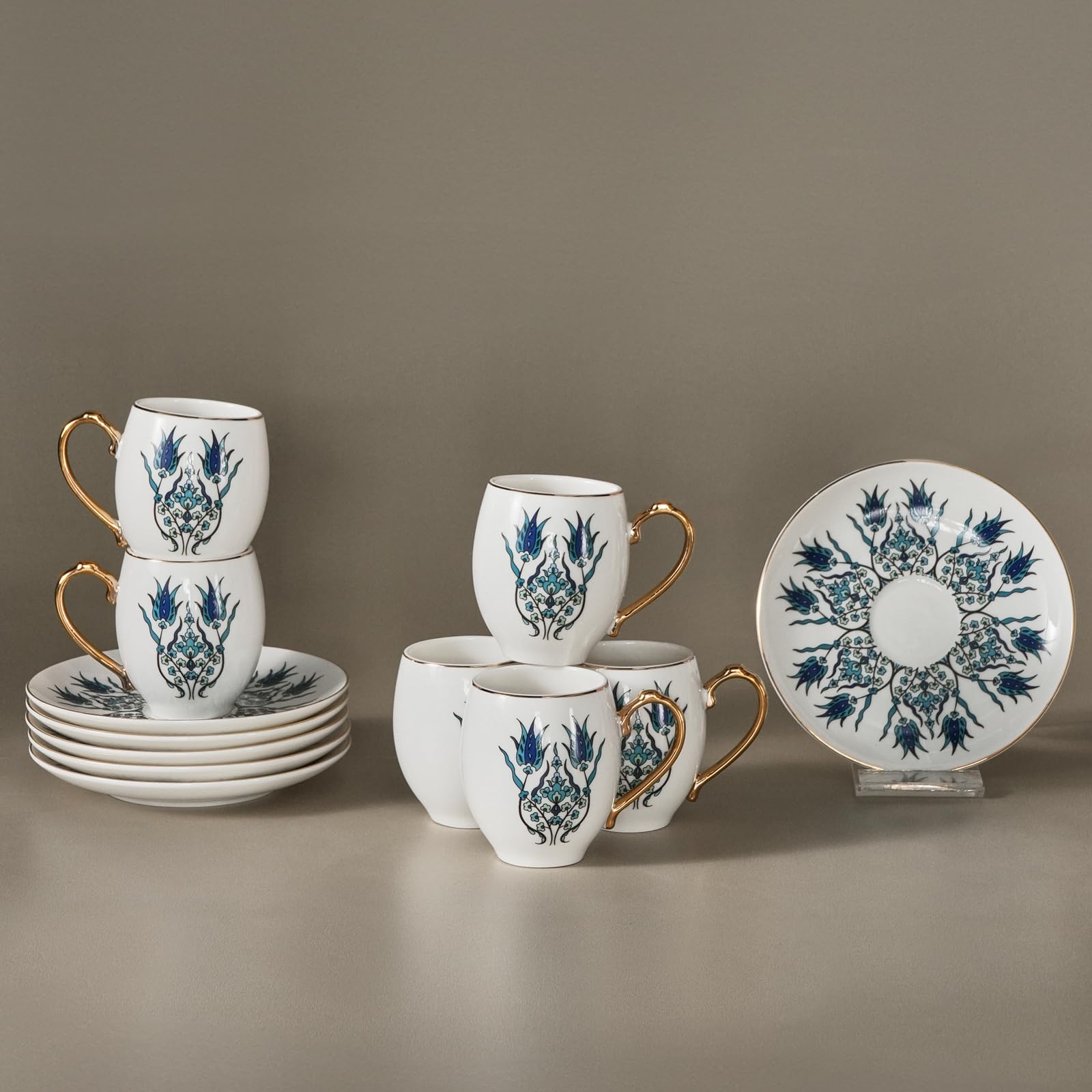 Karaca Iznik Turkish Coffee Cup Set for 6 People - 12 Piece Cups with Saucers - Small Porcelain Set - Ideal for Serving Greek, Arabic Coffee & Espresso (90 ml)