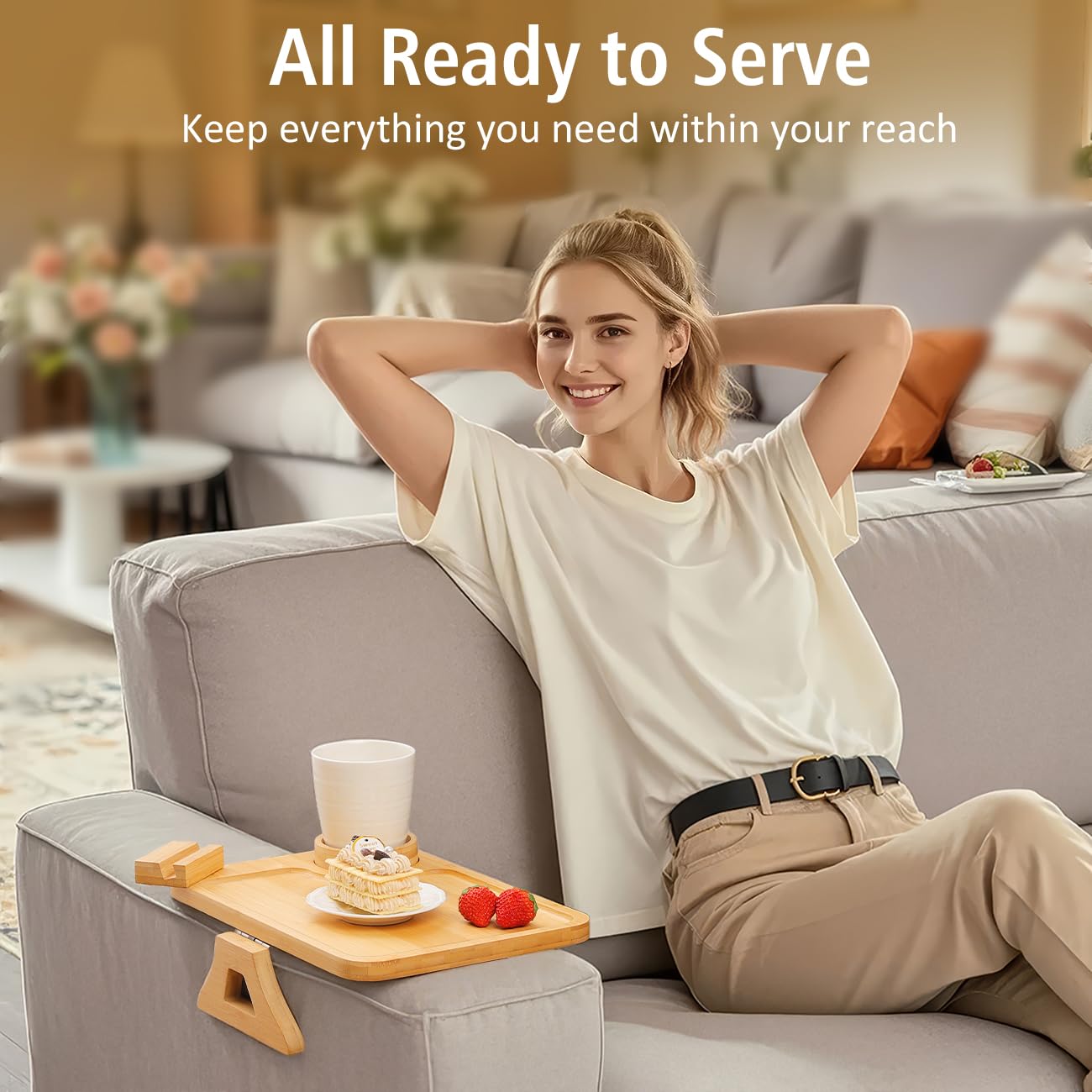 Plateau pour Accoudoir de Canapé, Table Bras de Canapé Rotation 360° avec Porte téléphone et Tasse, Accoudoir de Canapé pour Accès Facile, Porte-Tasse de Canapé pour Snacks, Téléphone, Contrôle