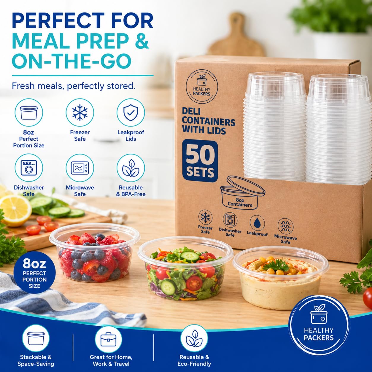 Healthy Packers Plastikowe pojemniki na żywność 235 ml z pokrywkami (zestaw 50 sztuk) | Małe plastikowe garnki, idealne do przygotowywania posiłków, przechowywania żywności i zamrażarki, zup, sosów, przekąsek i wielu innych!