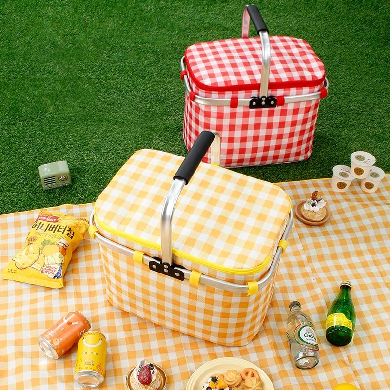 Image of Kuber Industries Picnic Basket With Lid | Market Storage With Aluminum Handles for Travel, Shopping | Check-Print Multi-Utility | 23 Ltr | JY2238-YEL | Yellow | (Pack of 6)