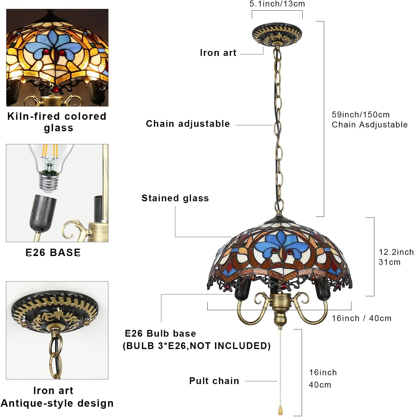 Tiffany Pendant Light, Victorian Style Stained Glass Lamp, 16'' Wide 3-Light Inverted Ceiling Pendant Lights for Living Dining Room Kitchen Bedroom Entryway