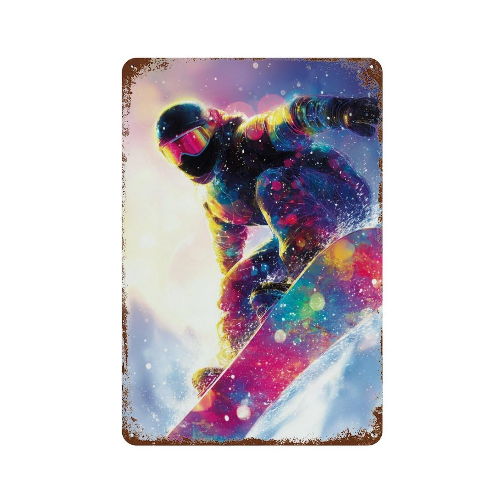 Rust Effect Colorful Snowboarder Art Print Decorative Tin Sign 11.8"x7.9", Classic Wall Plaque for Pub, Kitchen And Man Cave Decor