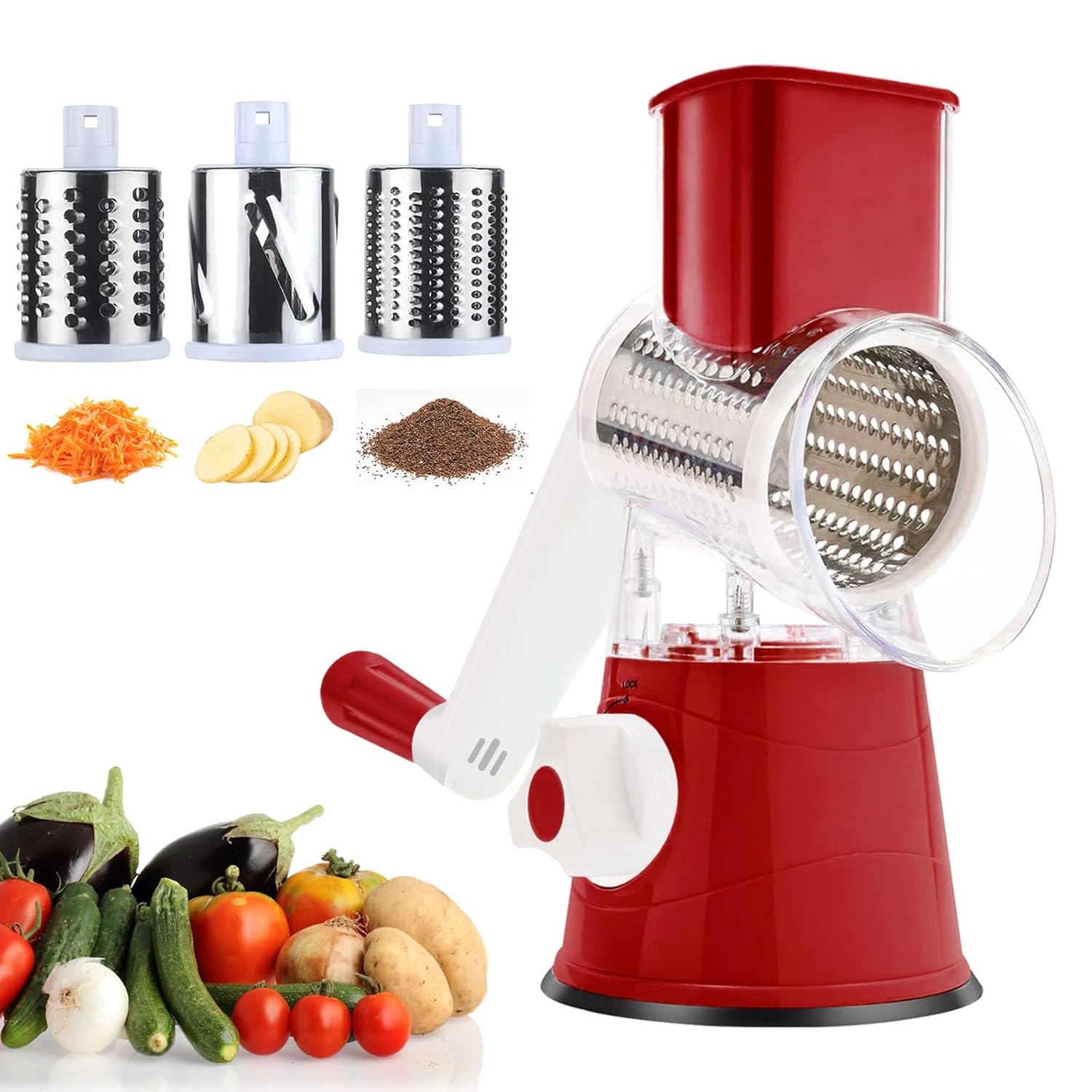 Kitchen Cheese Grater Hand Crank 3-Blade Stainless Vegetable Shredder Steel Grinder with Strong Suction Base Easy to Use