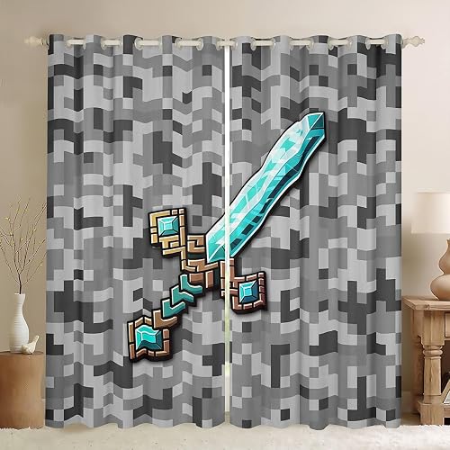 Castle Fairy Cartoon Sword Window Curtain,Pixelated Themed Games Bedroom Decor C