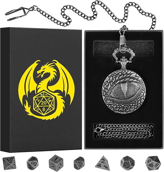 Mini DND Dice Set with Retro Dragon's eyes Pocket Watch Shell Case, DND Starter Set, 7pcs Polyhedral Mini Metal Dice Set, D&D Gifts with Gift Box, Role Playing Board Game Accessories, Silver