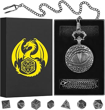 Mini DND Dice Set with Retro Dragon's eyes Pocket Watch Shell Case, DND Starter Set, 7pcs Polyhedral Mini Metal Dice Set, D&D Gifts with Gift Box, Role Playing Board Game Accessories, Silver