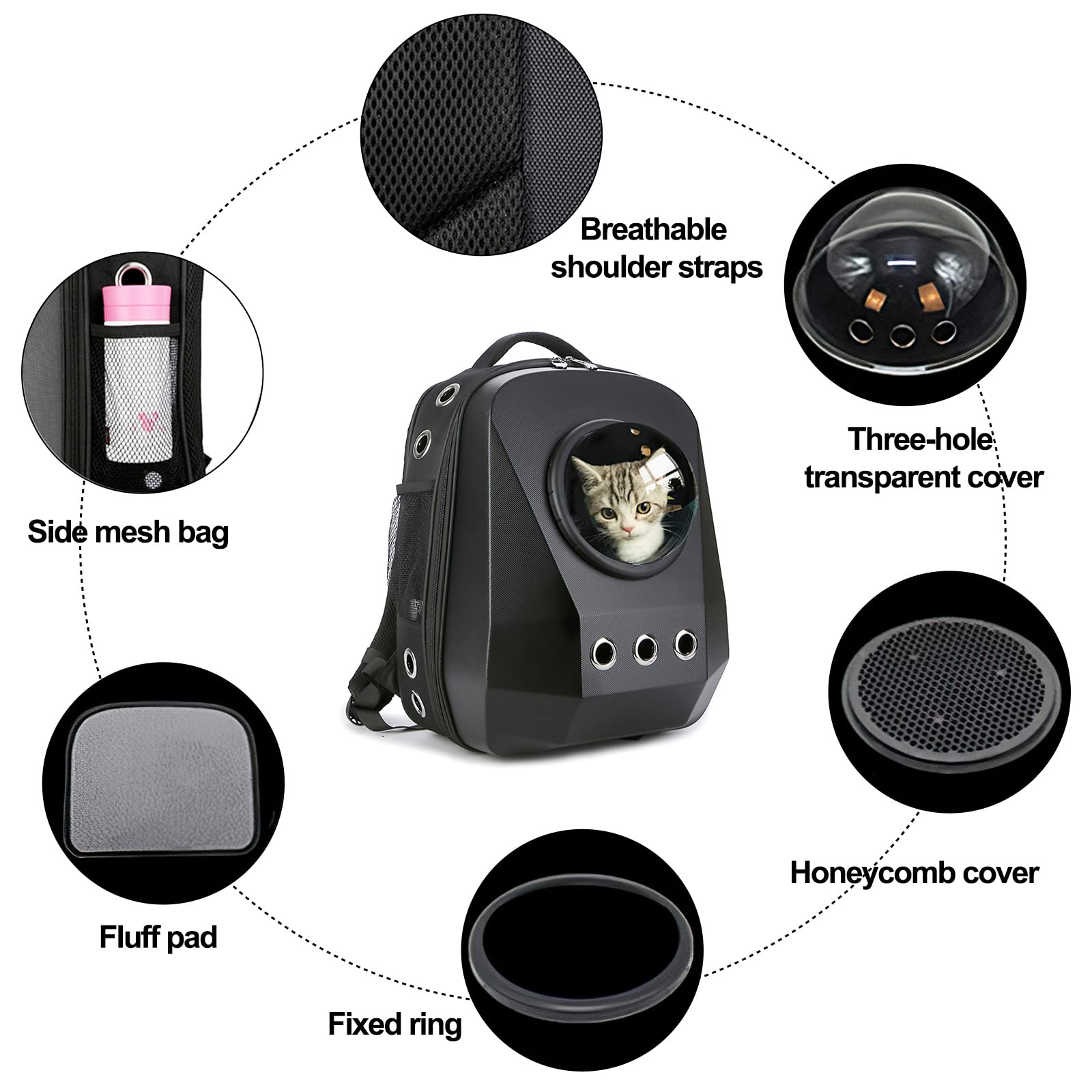 Galatée Katzen-Rucksack, Belüfteter Raumkapsel-Haustier-Rucksack, Tragbare Transportbox Für Kleine Hunde, Welpentragetasche Für Reisen, Camping, Wandern(Schwarz)