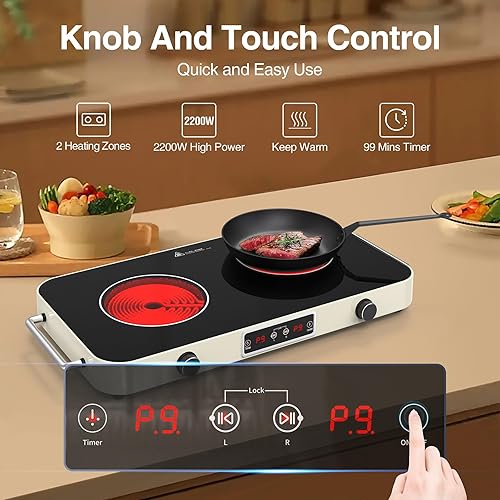 Miniatura 3 de GIHETKUT Cocina eléctrica, placa de inducción de 2200 W 110 V, 2 quemadores, estufa eléctrica con 2 asas, placa de cocción portátil 9 ajustes de