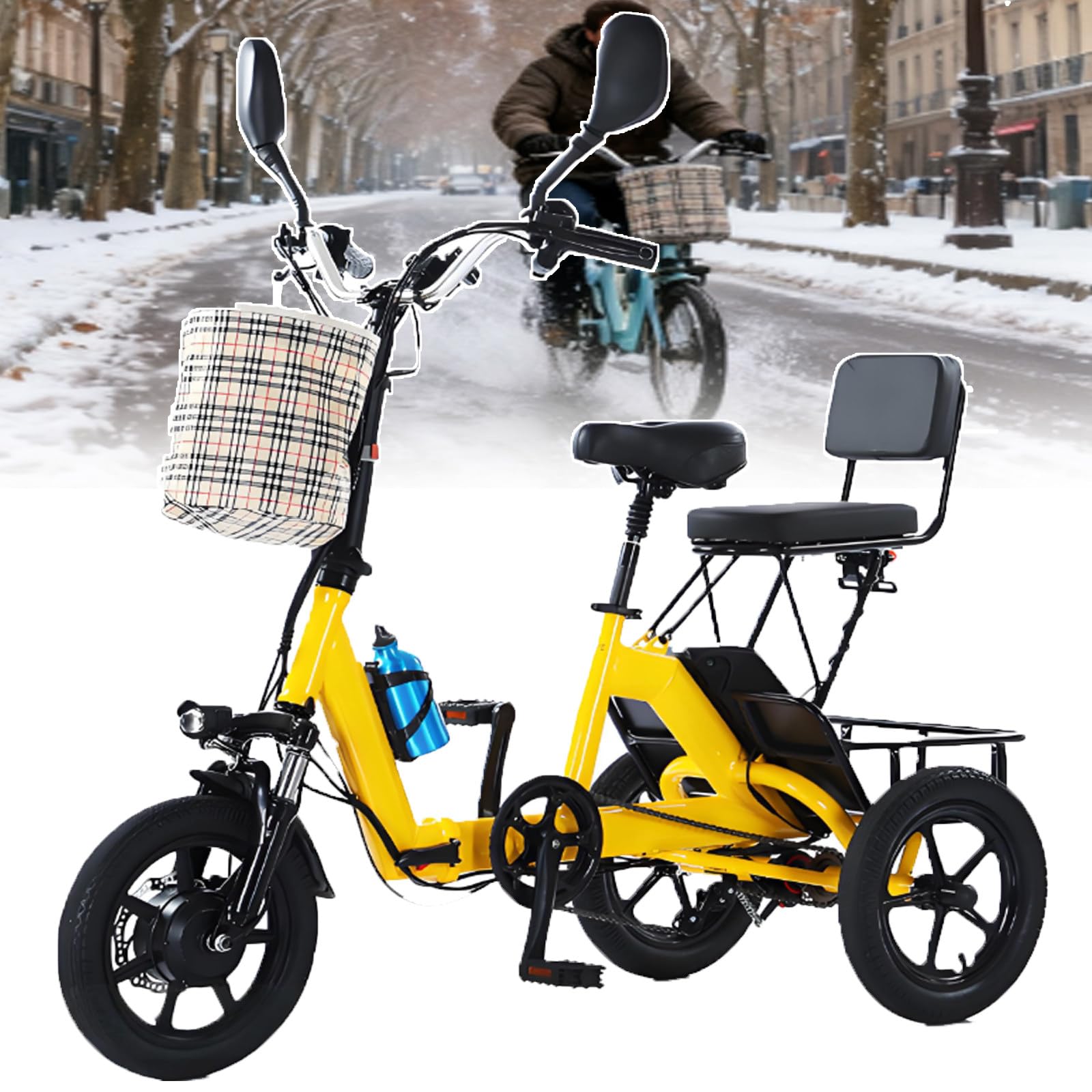 Nuovo Triciclo Elettrico per Adulti del 2025 - E-Bike Pieghevole A 3 Ruote con Display LCD, Carico di 180 kg E Autonomia di 45 Km, 3 modalità di Guida, Clacson, Luce A LED Yellow