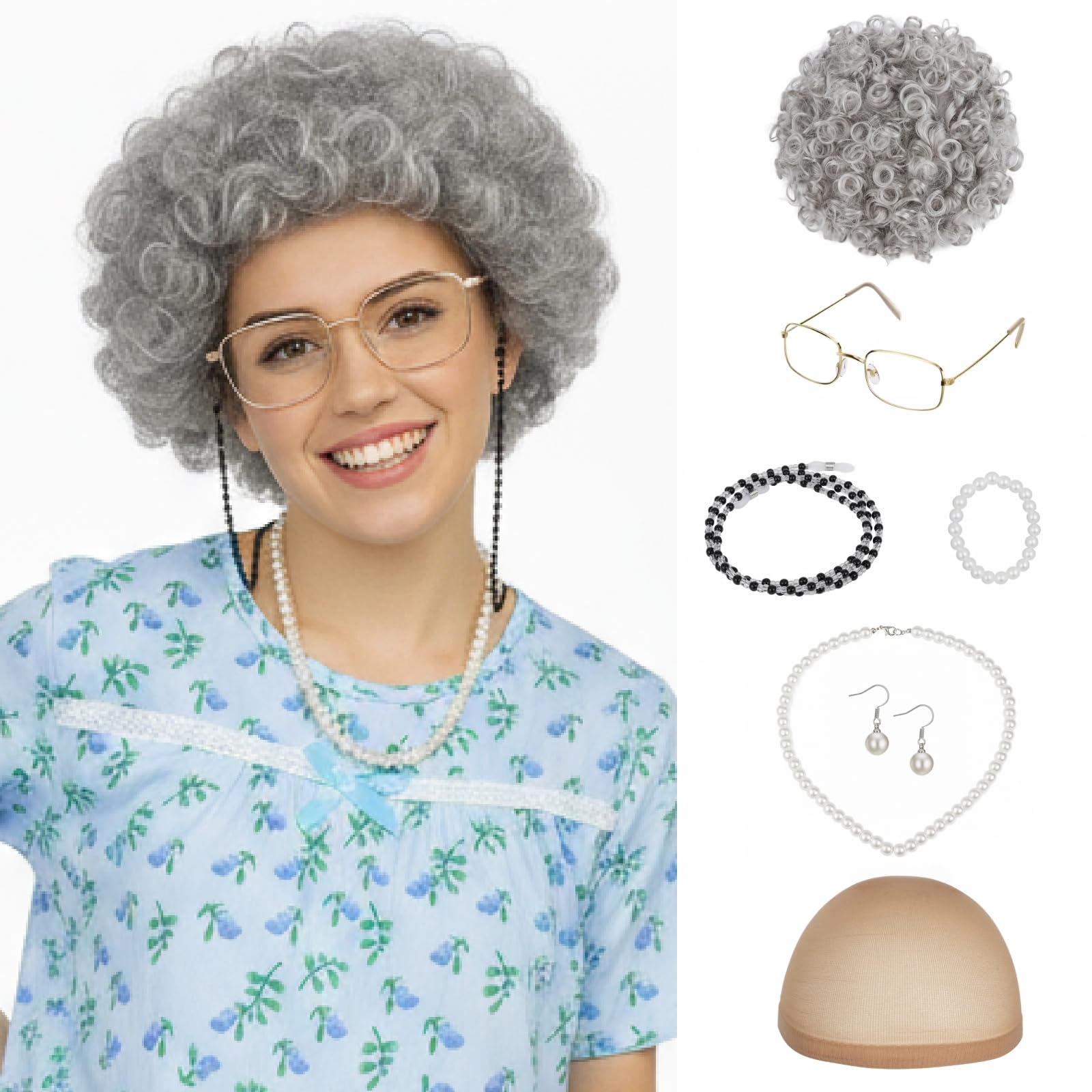 Benehair 10 Pcs Old Lady Costume Set Fancy Granny Costume Including Wig Dress Hairnet Necklaces, Bracelets Earrings Glasses Eyeglass Chains Socks Walking Stick Accessories for Halloween World Book Day