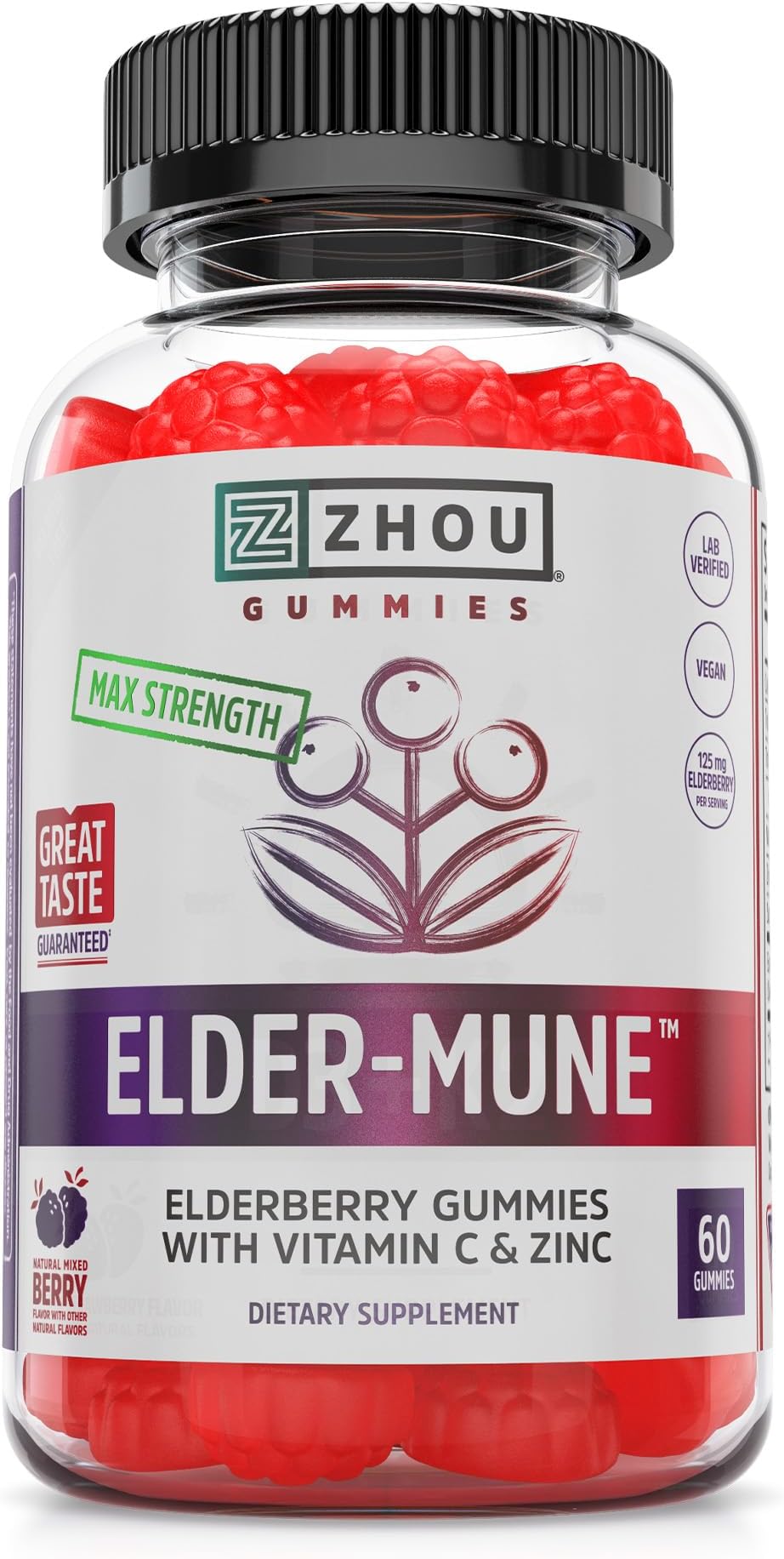 Elder-Mune Elderberry Gummies with Vitamin C and Zinc - Daily Immune Support Supplement for Women & Men, Chewable Natural Black Elderberry for Adults & Children 4 & Up - 60 Gummies