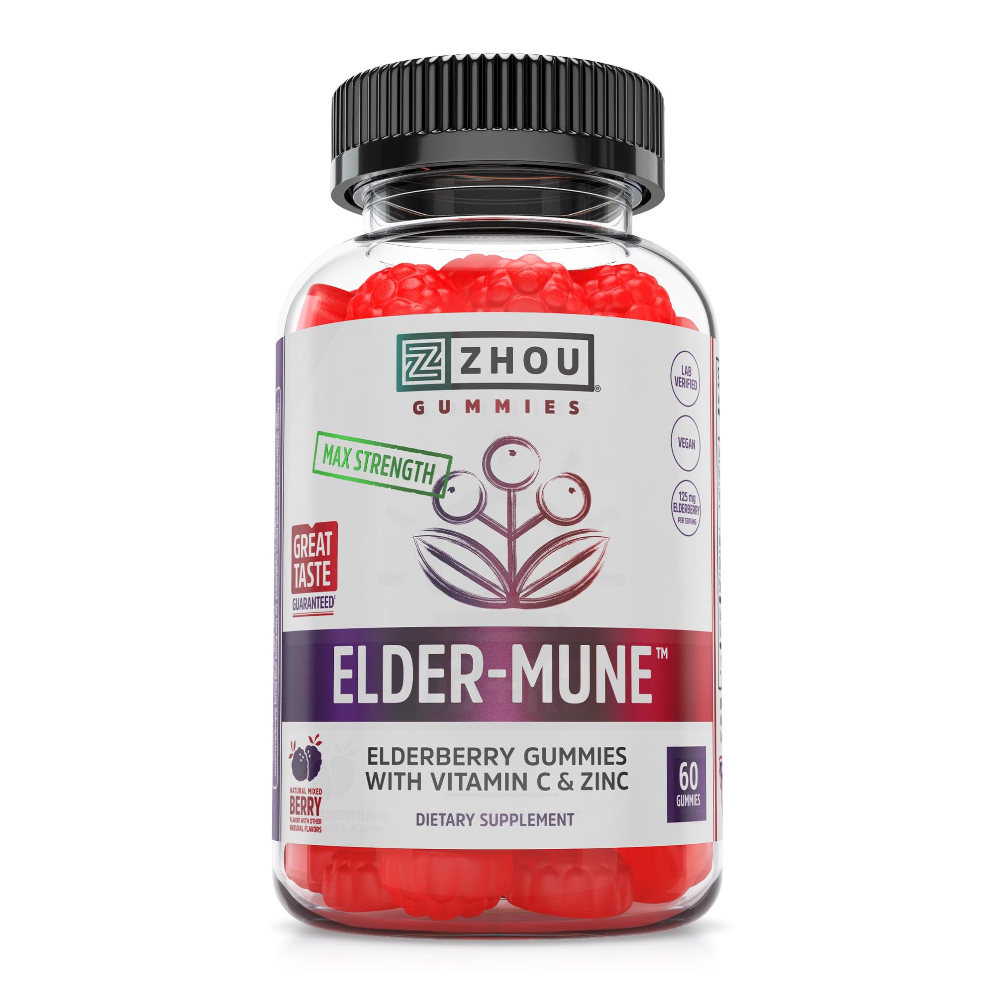 ZHOU Nutrition Elder-Mune Sambucus Elderberry Gummies with Zinc and Vitamin C for Kids & Adults (Age 4+) Immune Support with Antioxidants, Vegan, Gluten Free, Non-GMO, 30 Servings, 60 Gummies