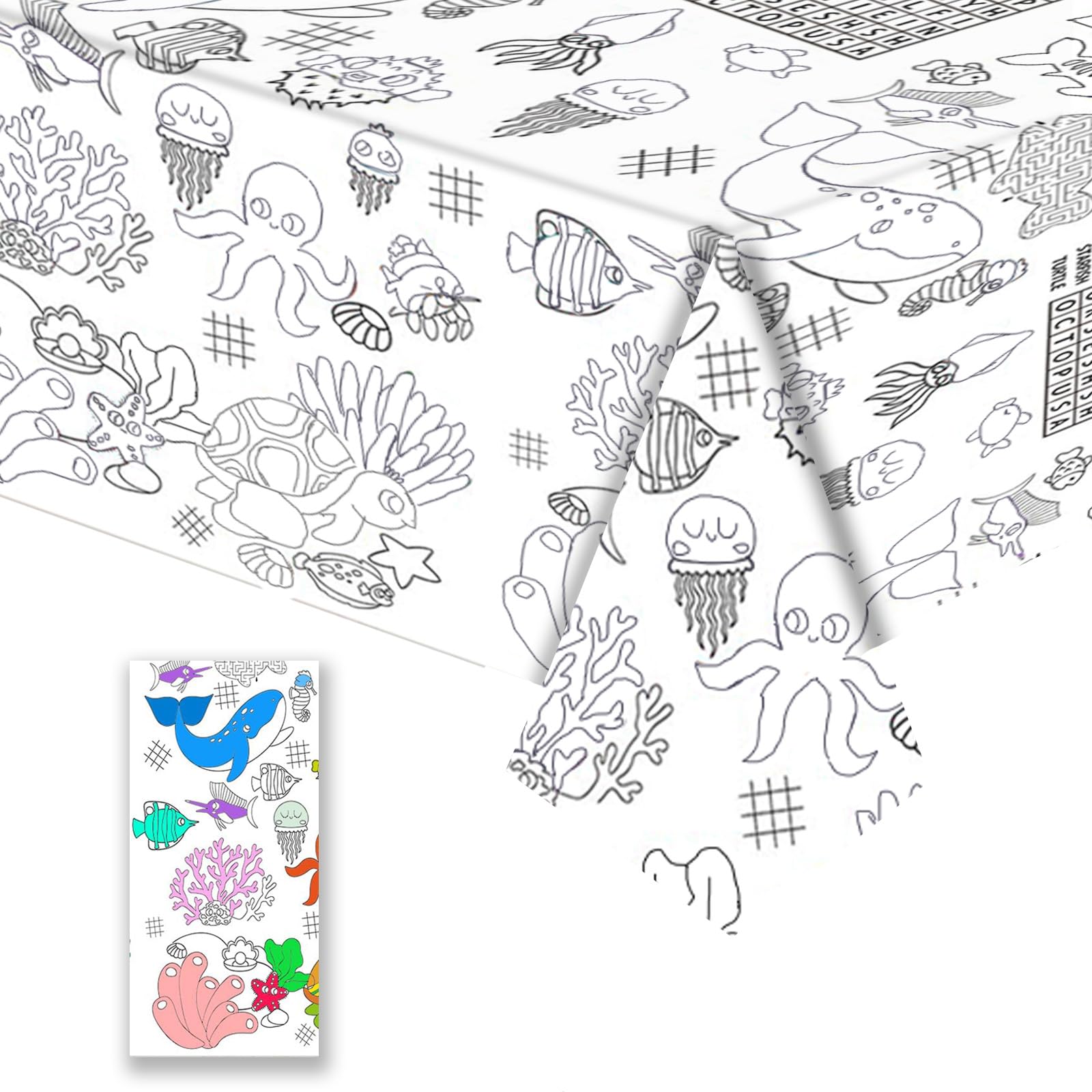 Coloring Tablecloth for Kids,137*274cm Giant Colouring Table Cloth,Paper Tablecloths Ocean Rectangular Table Cover for Parties,Art Coloring Educational Tablecloth Party Supplies for Boys Girls