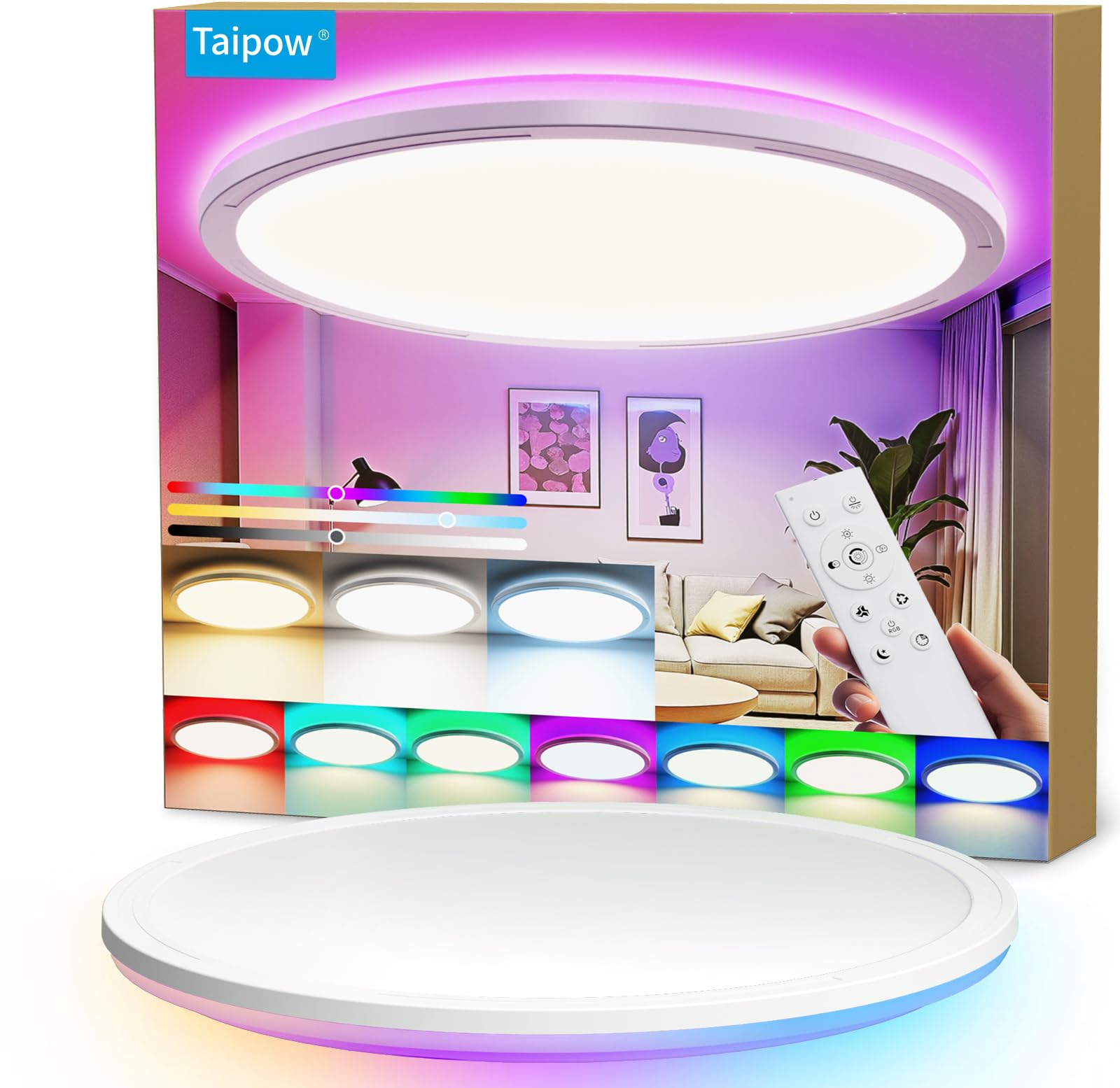 Taipow Plafon Led Techo Regulable, 24w 2160LM RGB Lampara Techo, 3000K-6500K Redonda Plana Lámpara de Techo, Moderna Plafón Luz Led con Mando a Distancia para Salones, Dormitorios, Baños - Ø30cm