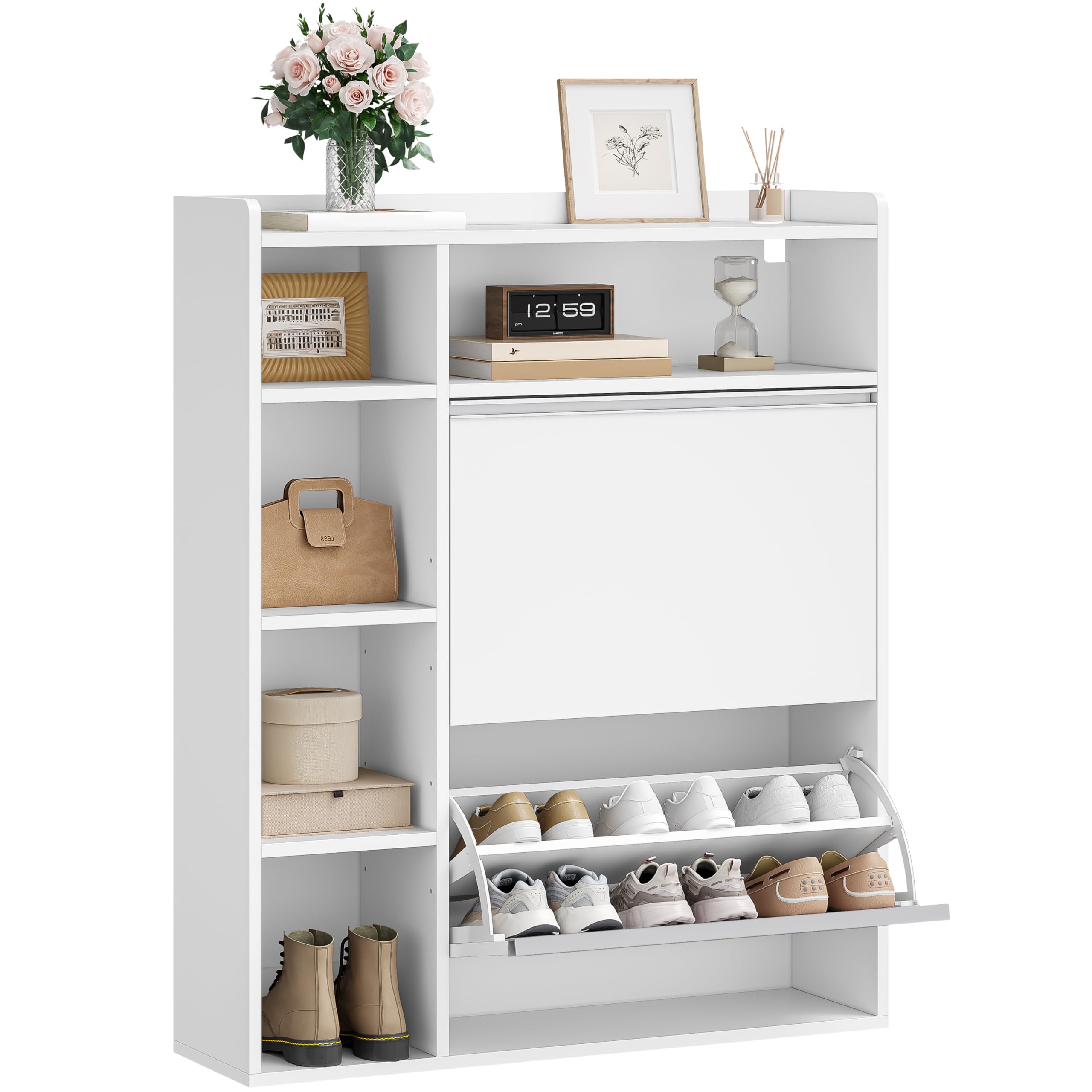 HEXCELEN Meuble à Chaussures avec 2 Portes, 5 Compartiments, Blanc | Armoire à Chaussures, Séparateur Réglables, 8 à 12 Paires, pour Entrée, Salon, 84,7 x 24 x 102 cm