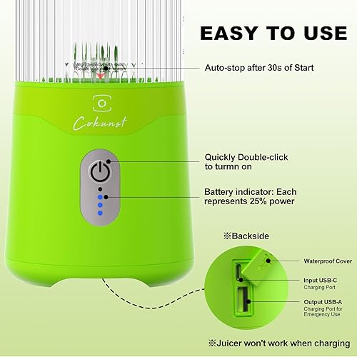 Miniatura 4 de COKUNST Licuadora portátil de 16 onzas, licuadora de tamaño personal recargable por USB, licuadora de batidos con 6 cuchillas para proteínas y