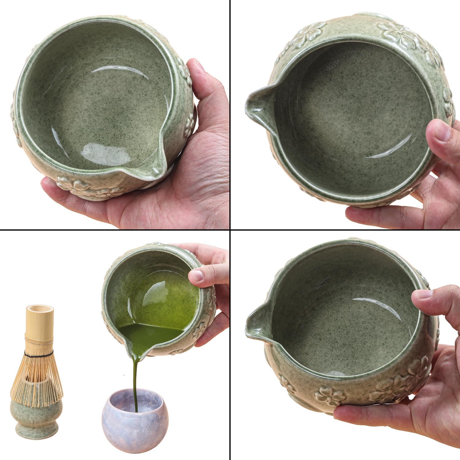 Set di ciotole in ceramica per matcha, 8 pezzi, Frullino Matcha, Ciotola Matcha con beccuccio, Filtro, Supporto e Cucchiaio, Set per Cerimonia del Tè Artigianale, Verde