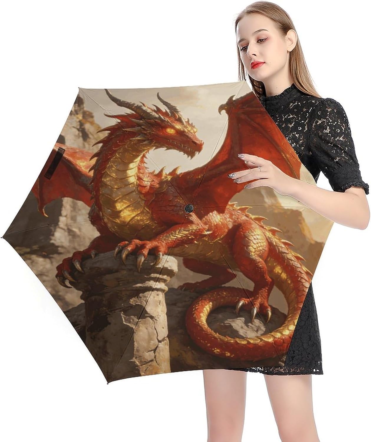 Dragon Printed Exterior 5 Fold Umbrella,Windproof Travel Umbrella for Sun Protection, Small Portable,Compact Umbrellas for Travel, Purse Or Backpack