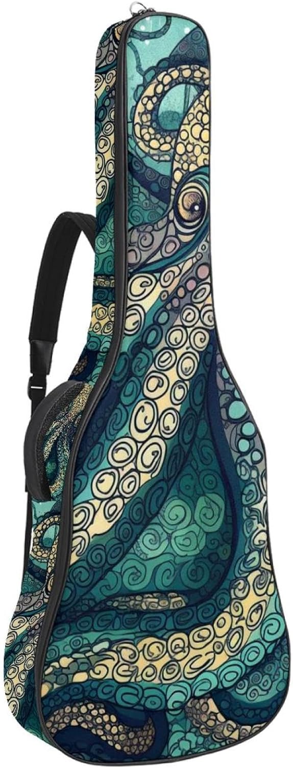Ocean Octopus Guitar Bag 40 41 42 In 2 Pockets Guitar Case Waterproof Guitar Case Resistent Oxford Cloth 0.4 In Extra Thick Sponge Padded for Acoustic Guitar